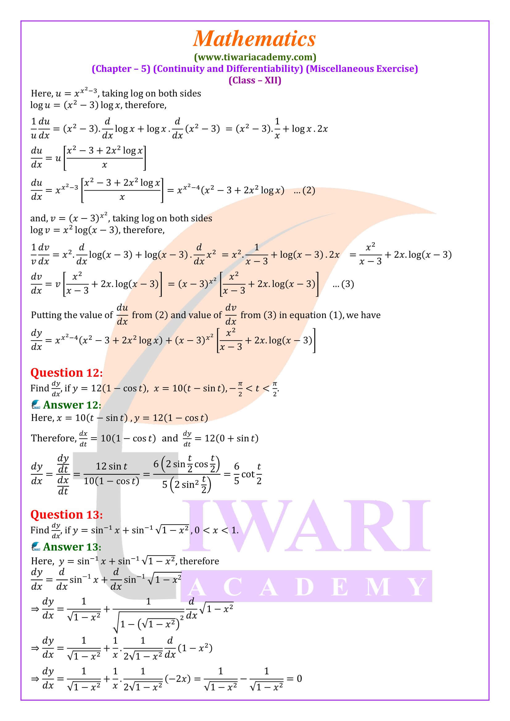 Class 12 Maths Chapter 5 Miscellaneous Exercise updated for new session