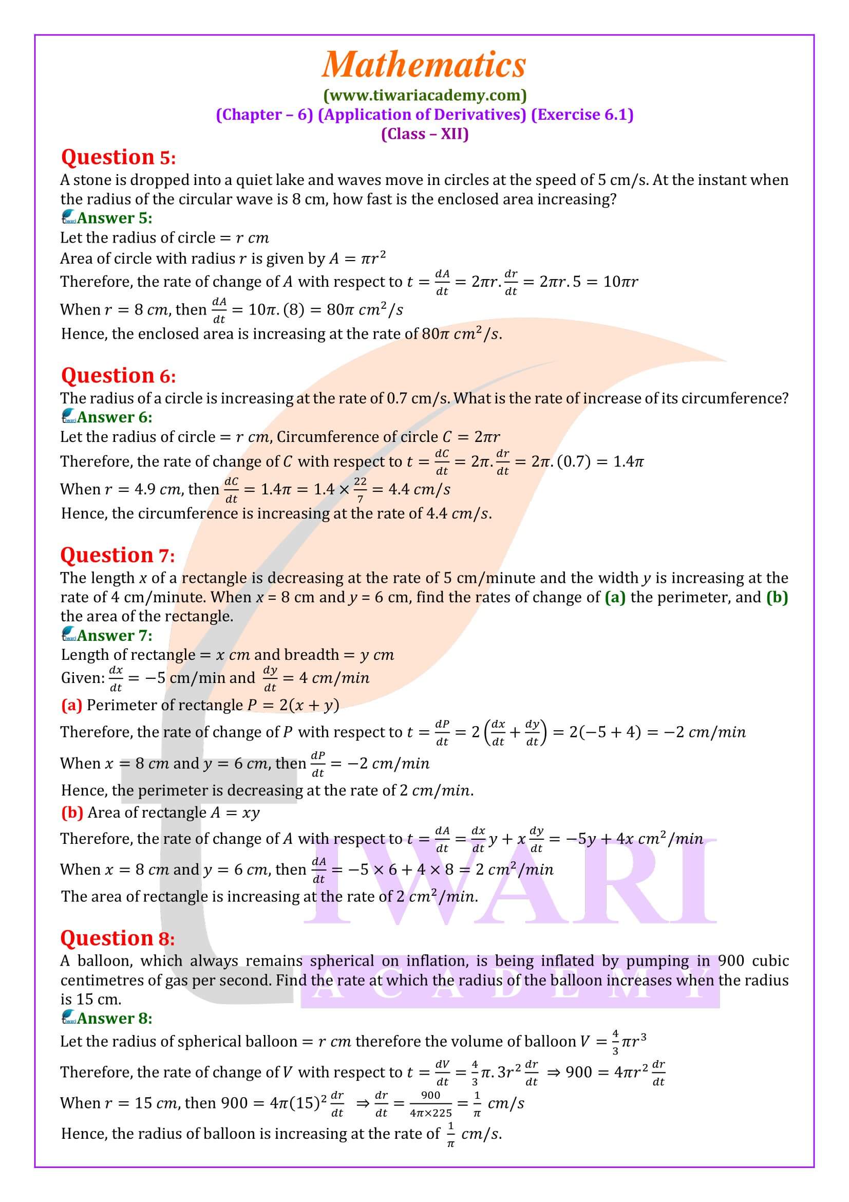 Class 12 Maths Exercise 6.1 in English Medium