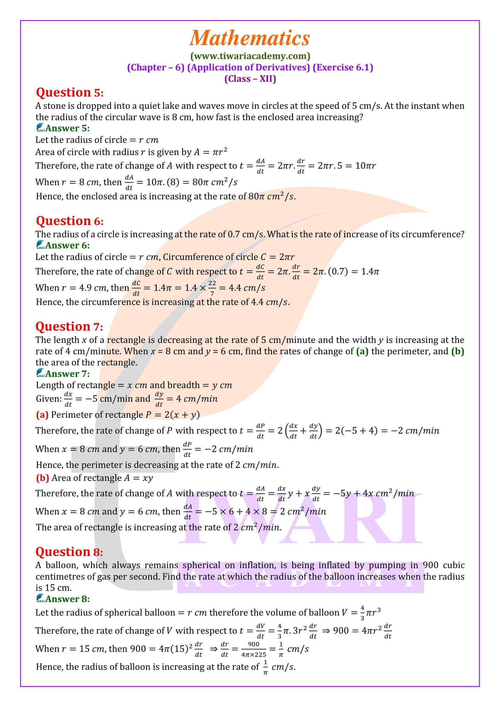 Class 12 Maths Exercise 6.1 in English Medium