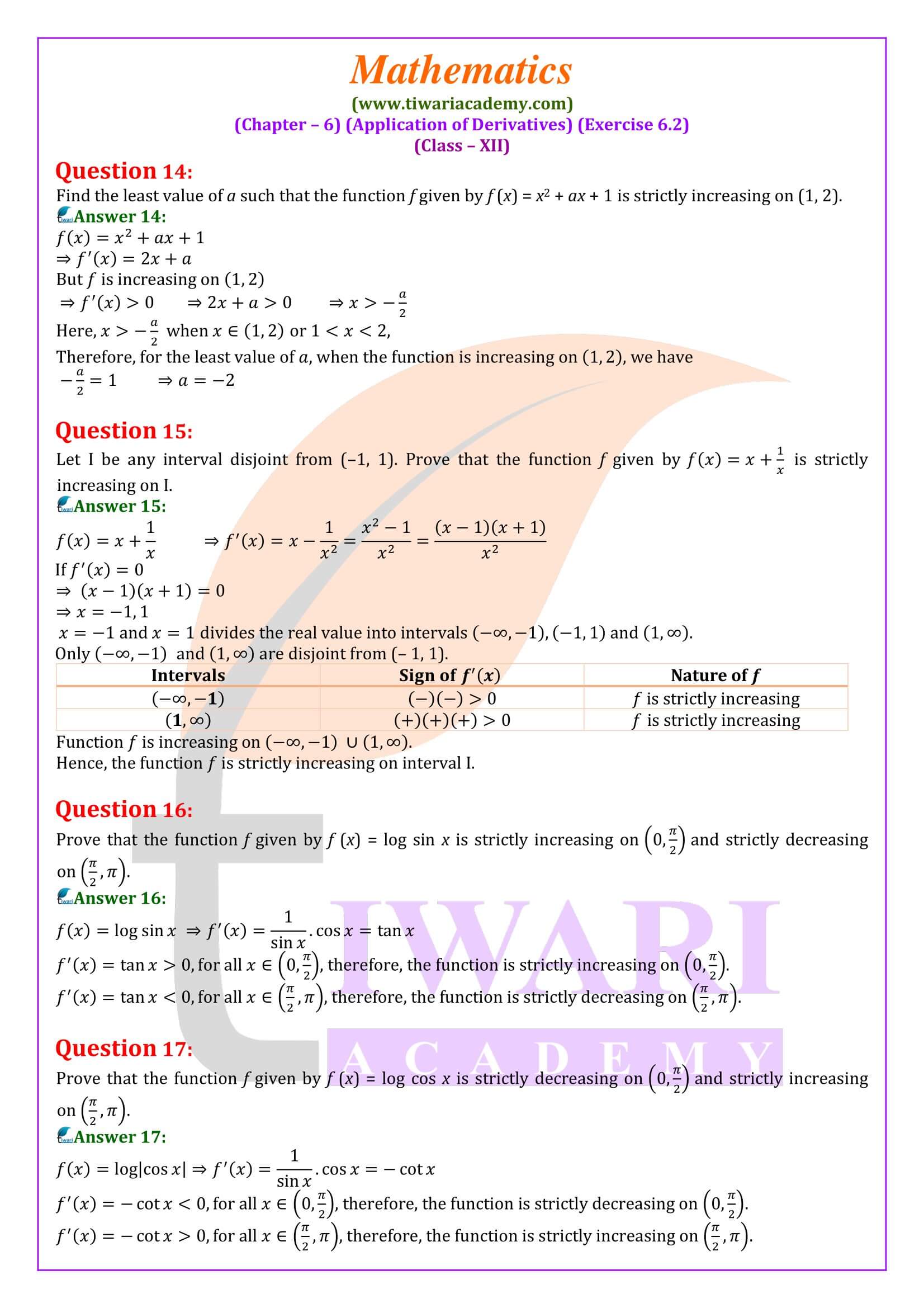 Class 12 Maths Exercise 6.2 in English Medium