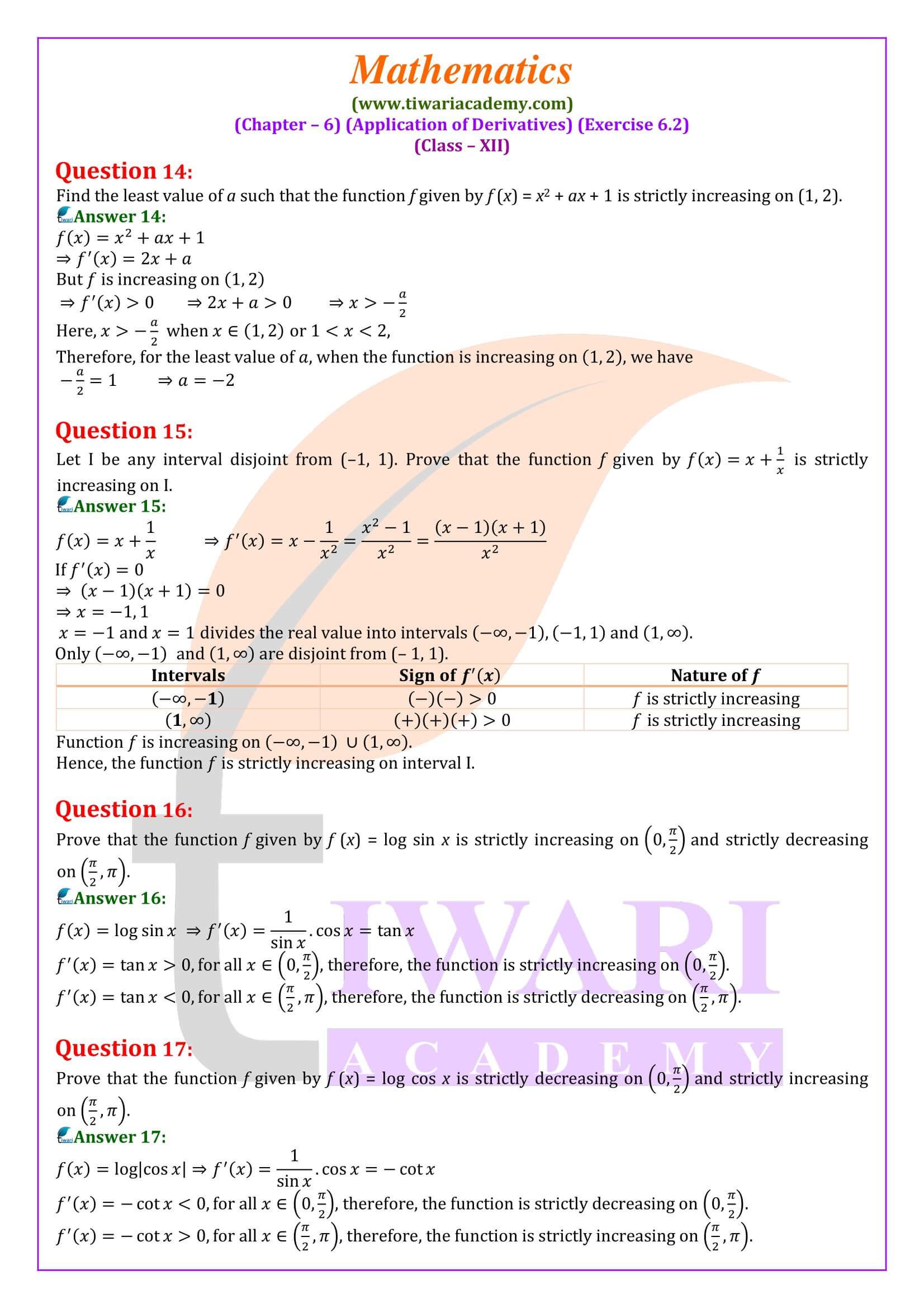 Class 12 Maths Exercise 6.2 in English Medium