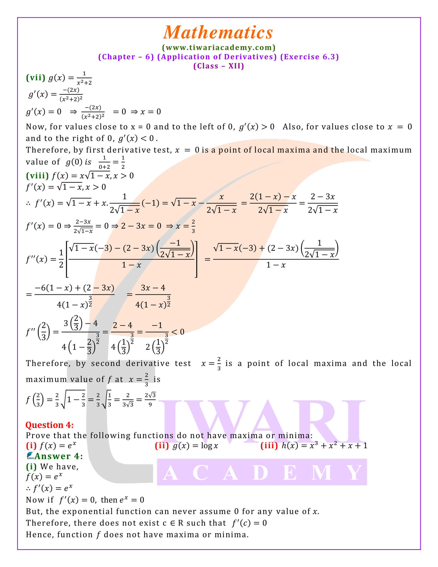 Class 12 Maths Exercise 6.3 solutions