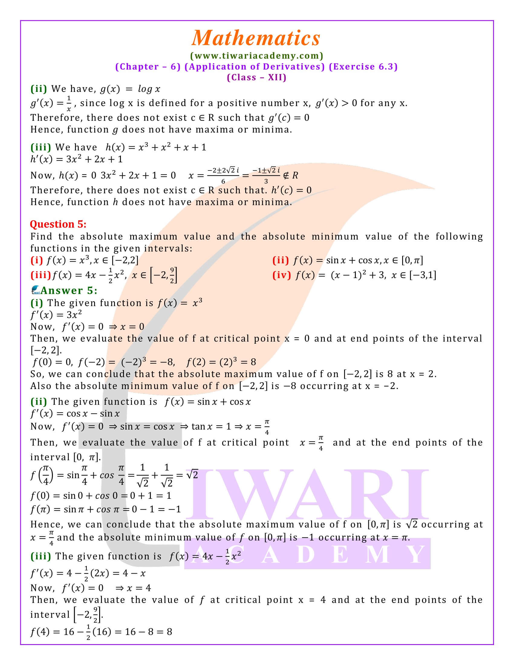 Class 12 Maths Exercise 6.3 updated