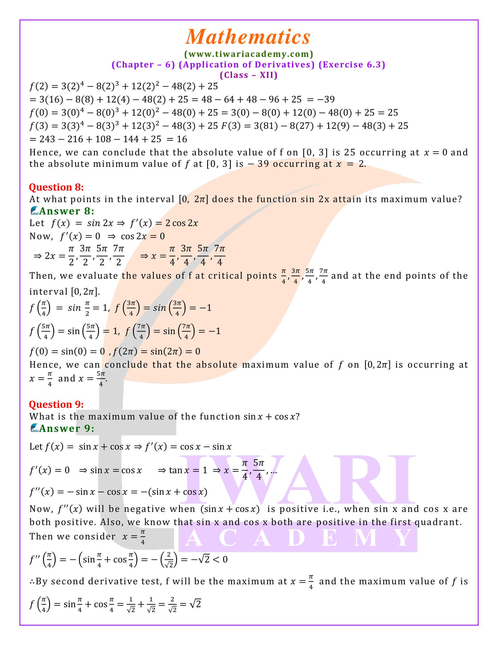 12th Maths ex. 6.3 in English Medium