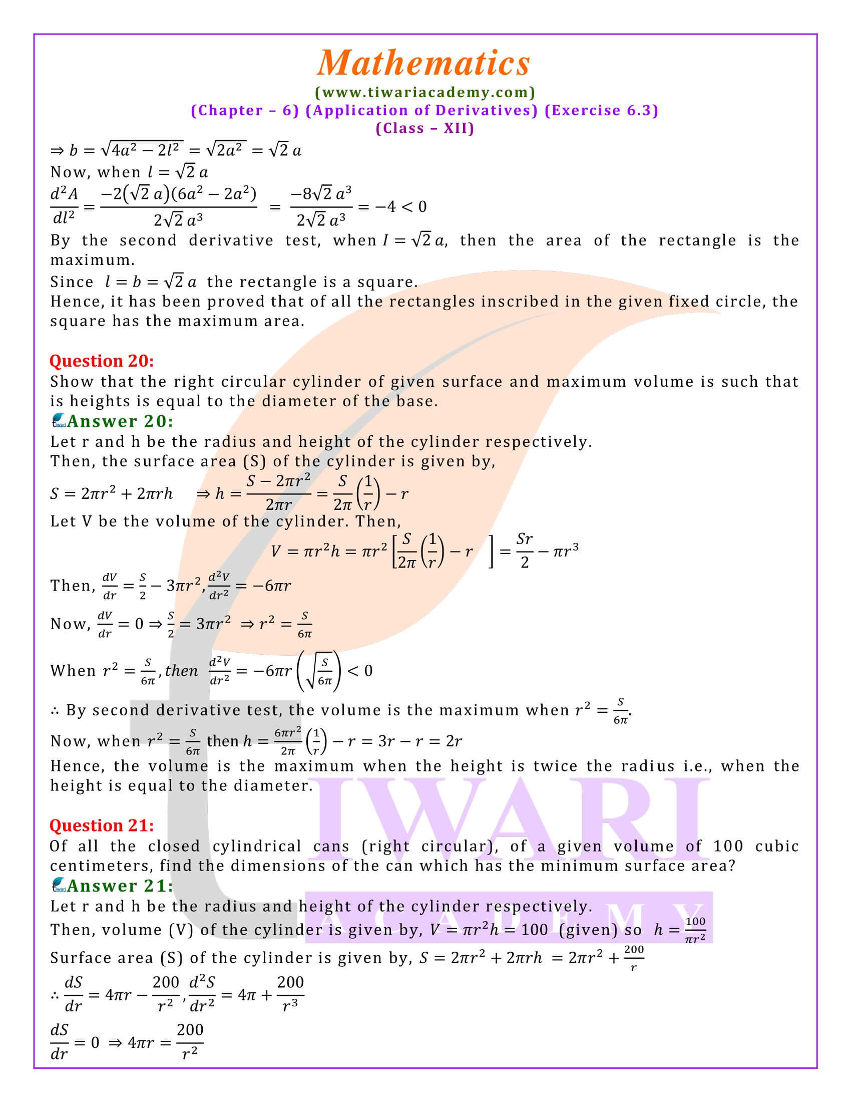 Class 12 Maths Exercise 6.3 Question answers