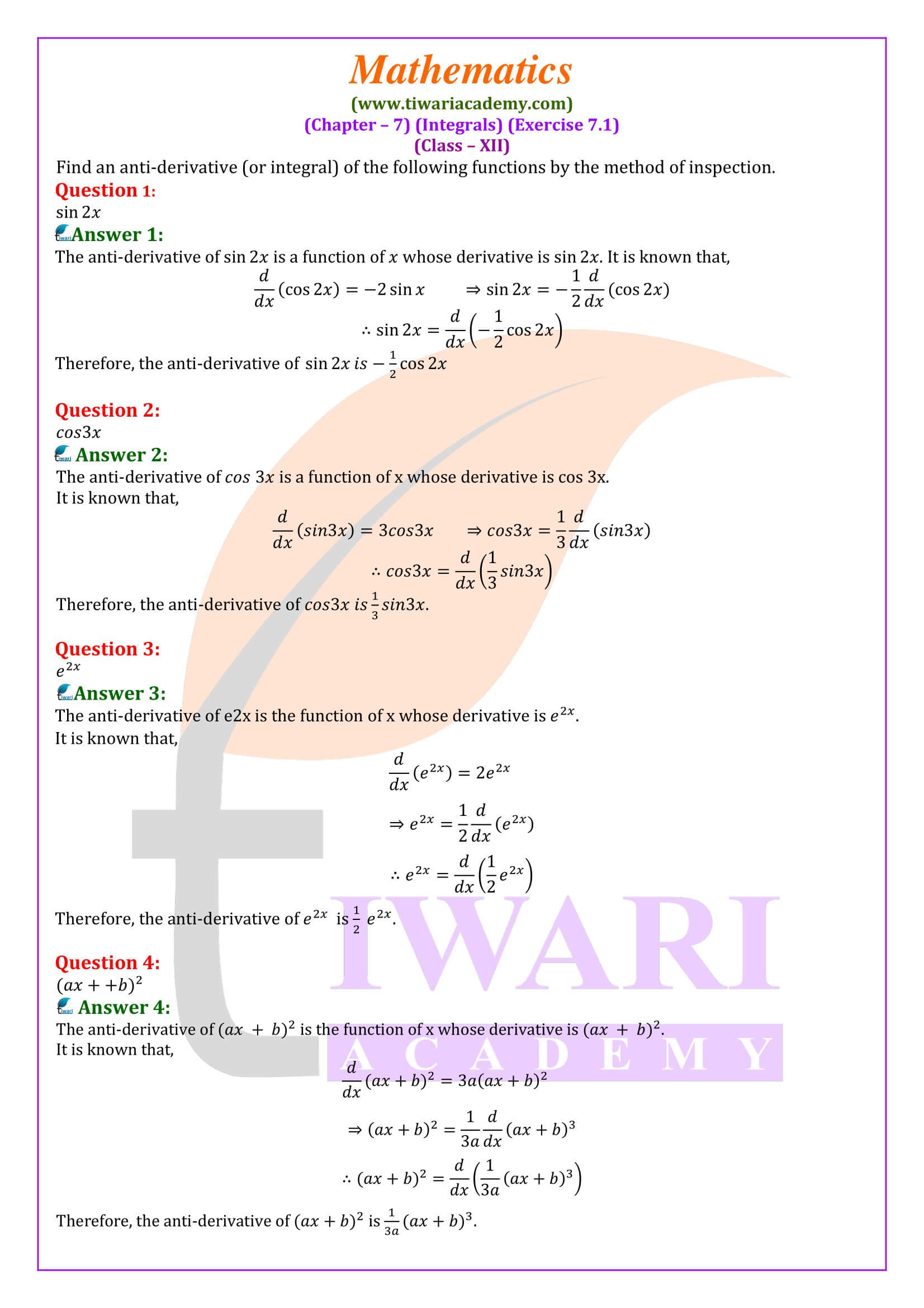 Class 12 Maths Exercise 7.1