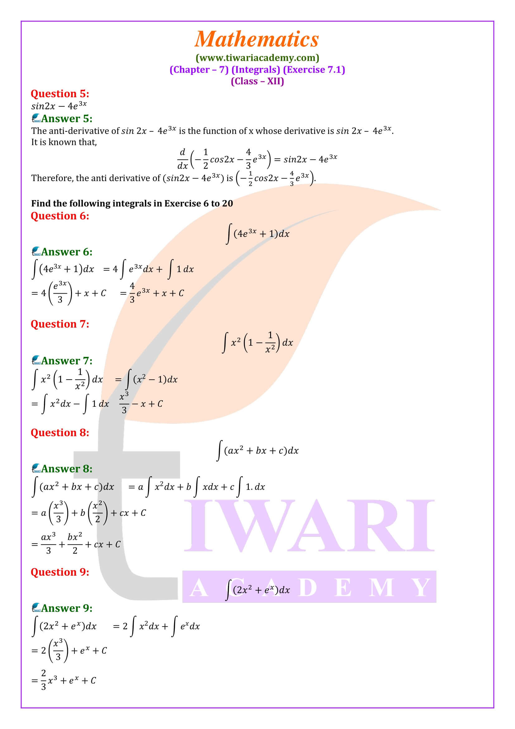 NCERT Solutions for Class 12 Maths Exercise 7.1