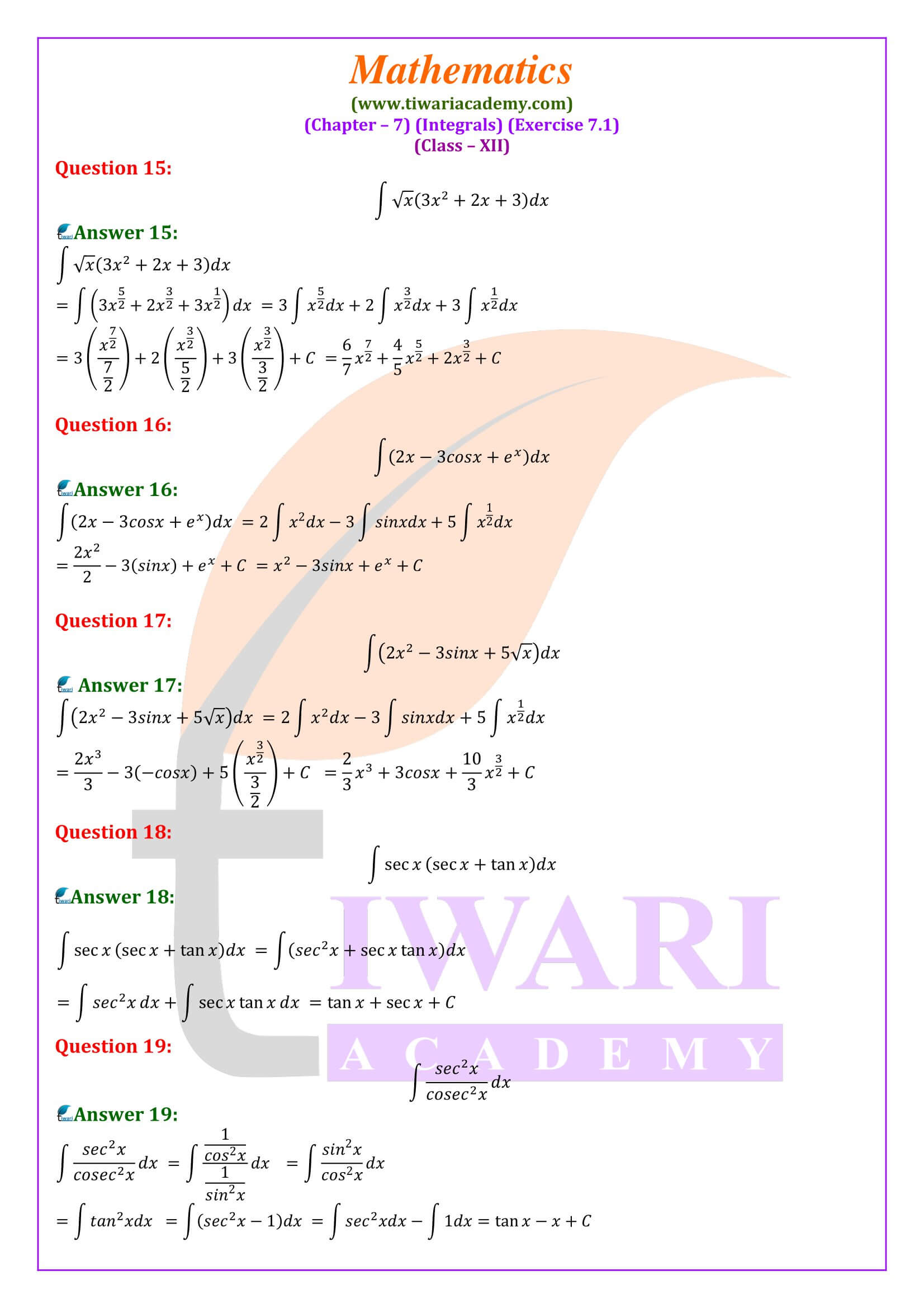 Class 12 Maths Exercise 7.1 in English Medium