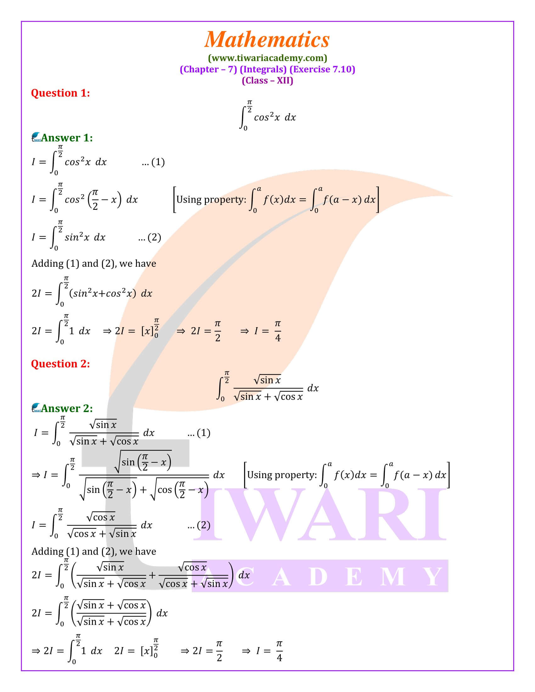 Class 12 Maths Exercise 7.10 in English Medium