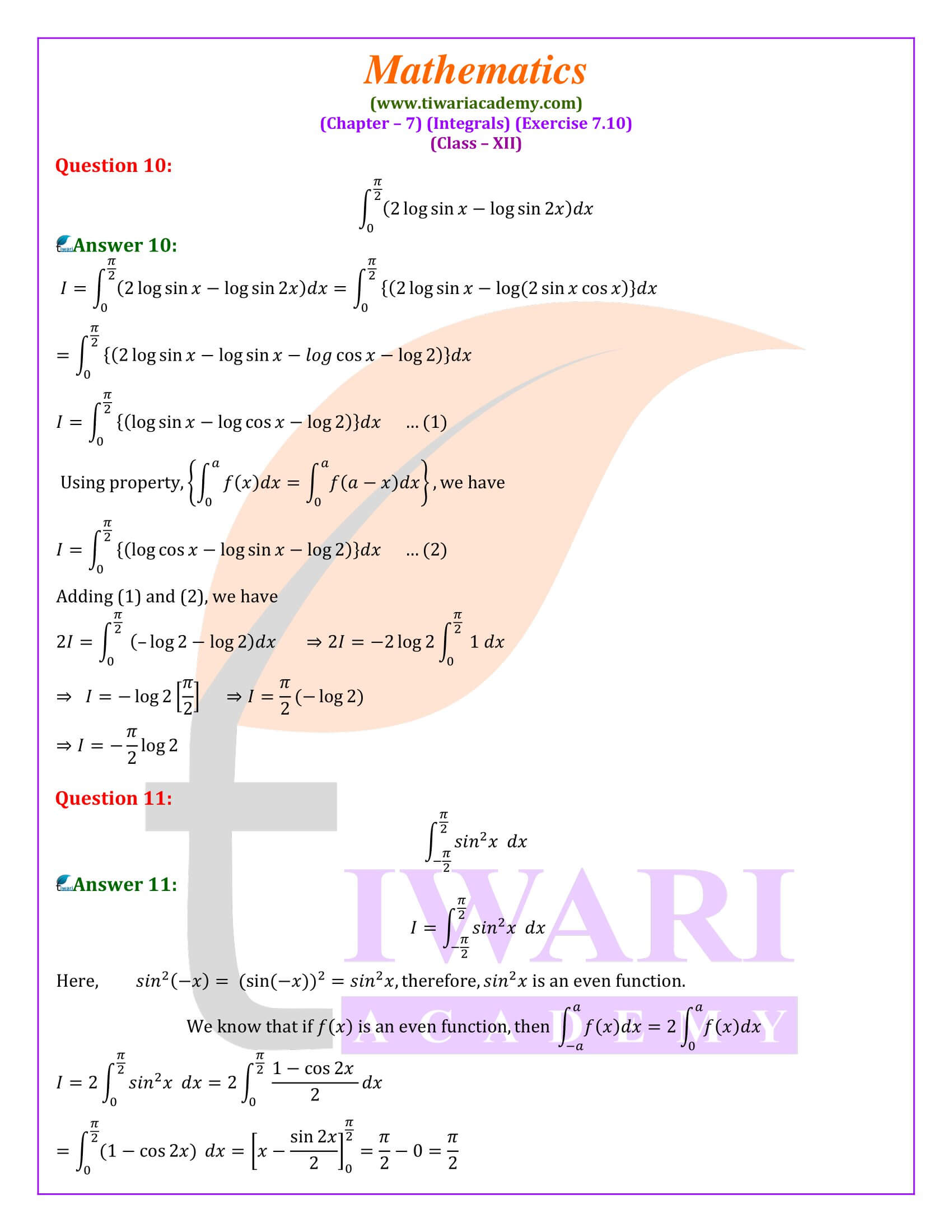 Class 12 Maths Exercise 7.10 updated for new session