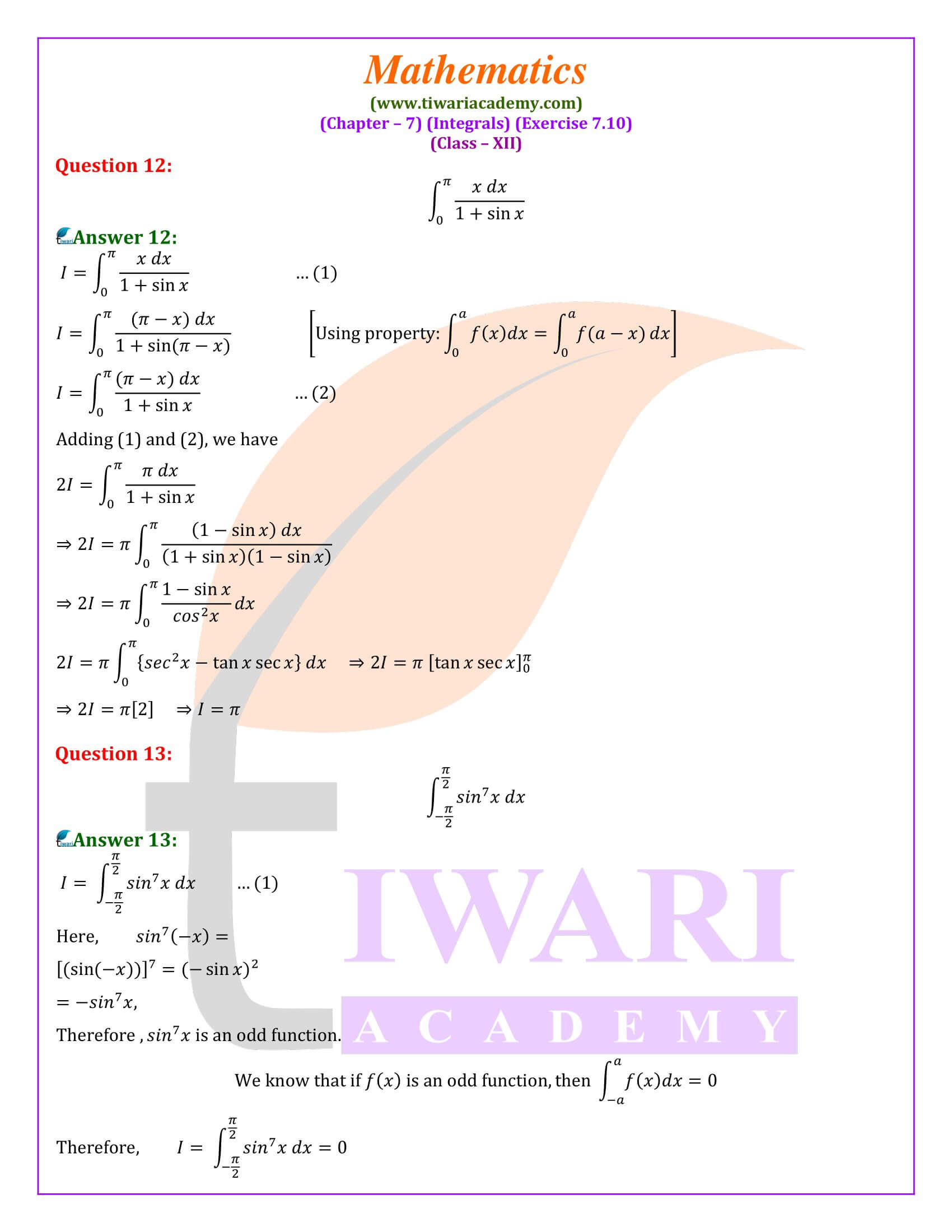 Class 12 Maths Exercise 7.10 all question answers