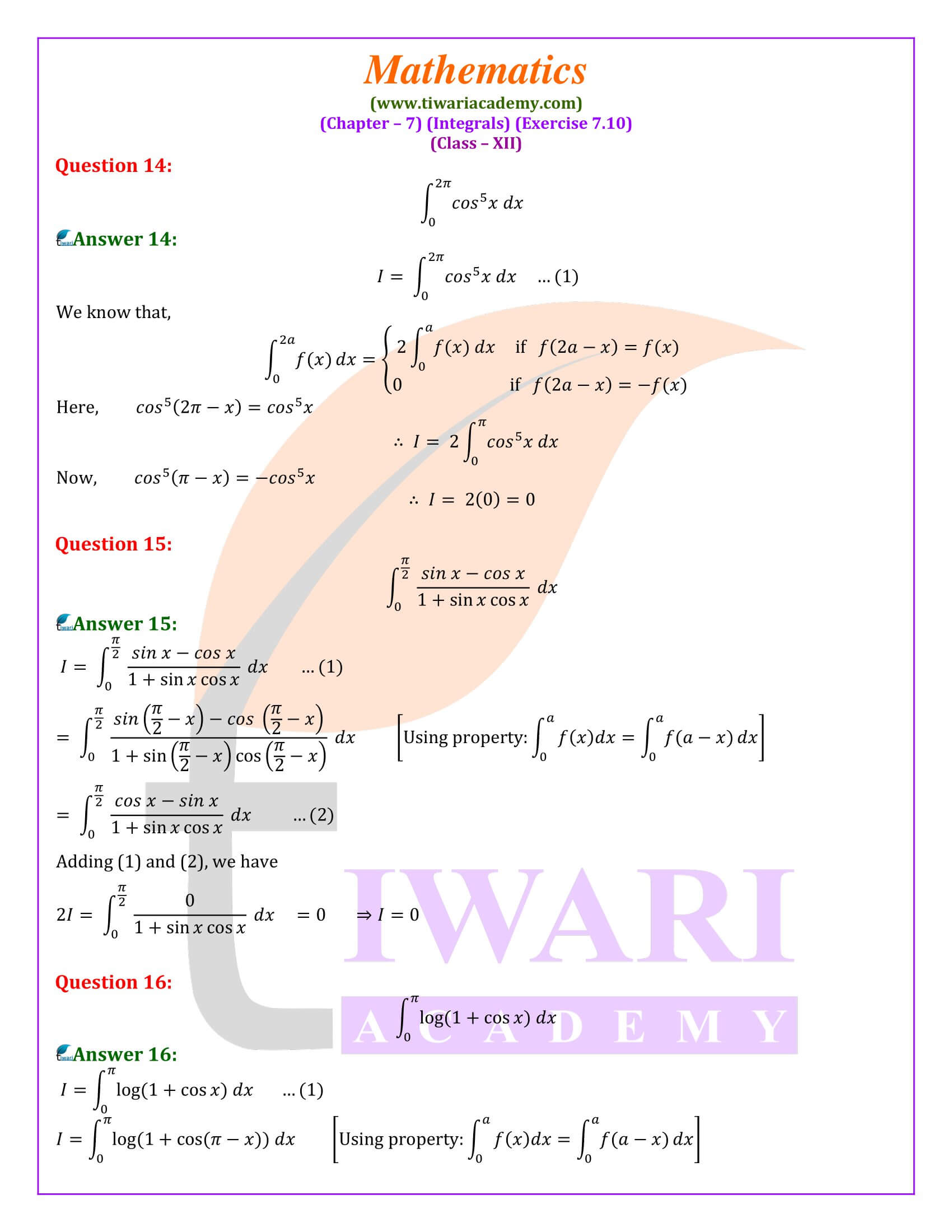 Class 12 Maths Exercise 7.10 new solutions