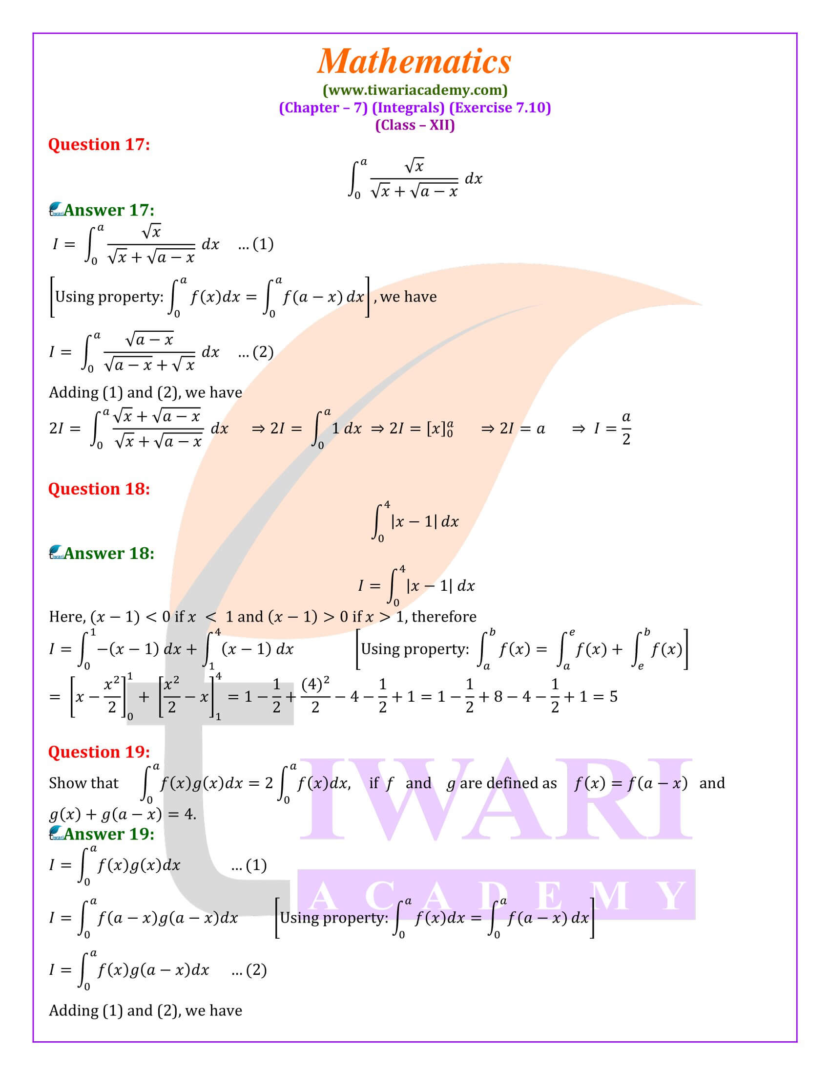 Class 12 Maths Exercise 7.10 free to use