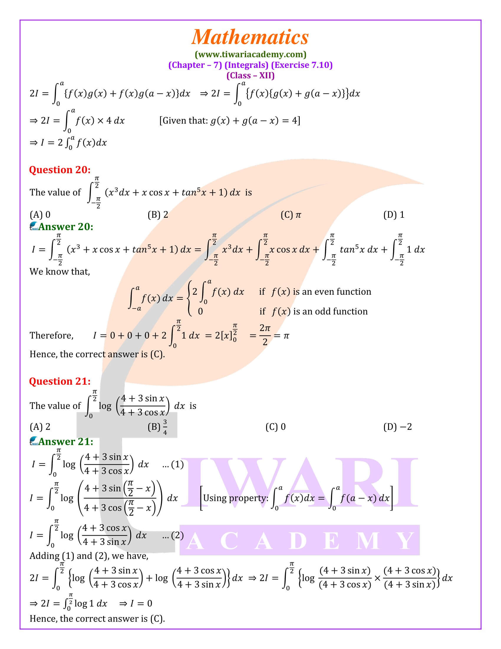 NCERT Class 12 Maths Exercise 7.10 solutions guide