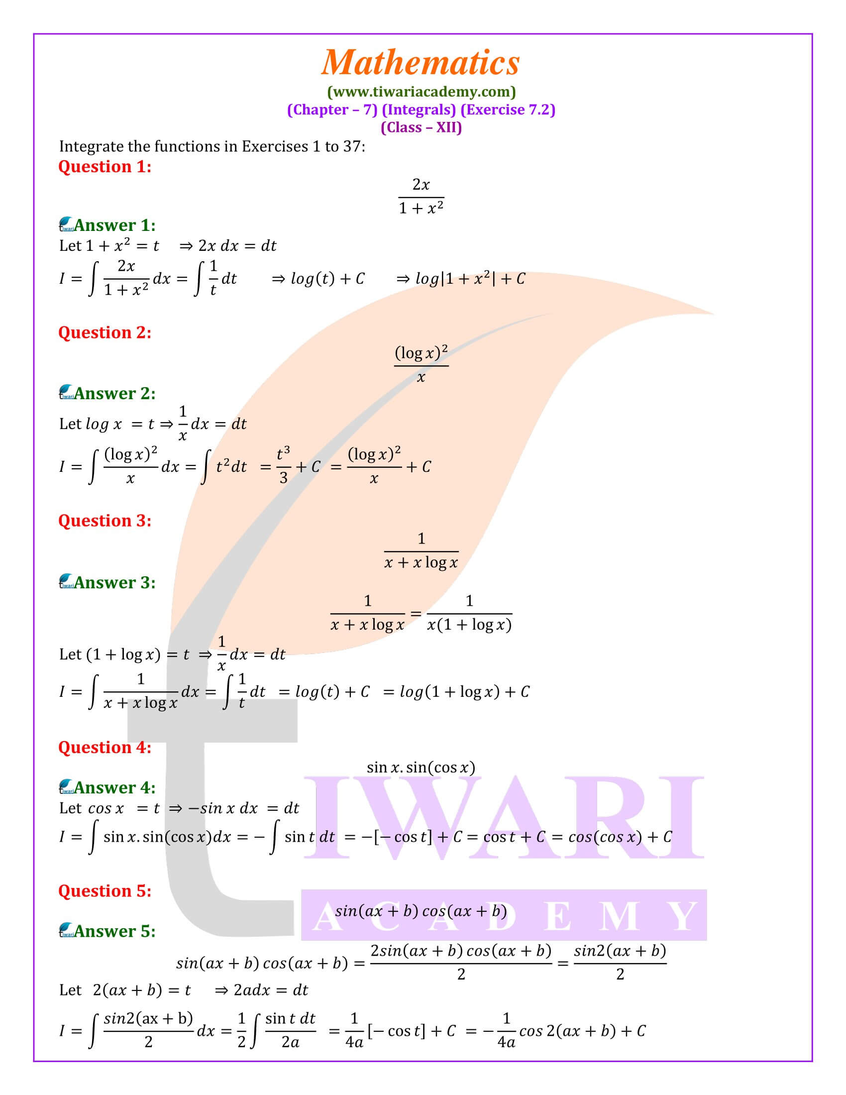 Class 12 Maths Exercise 7.2