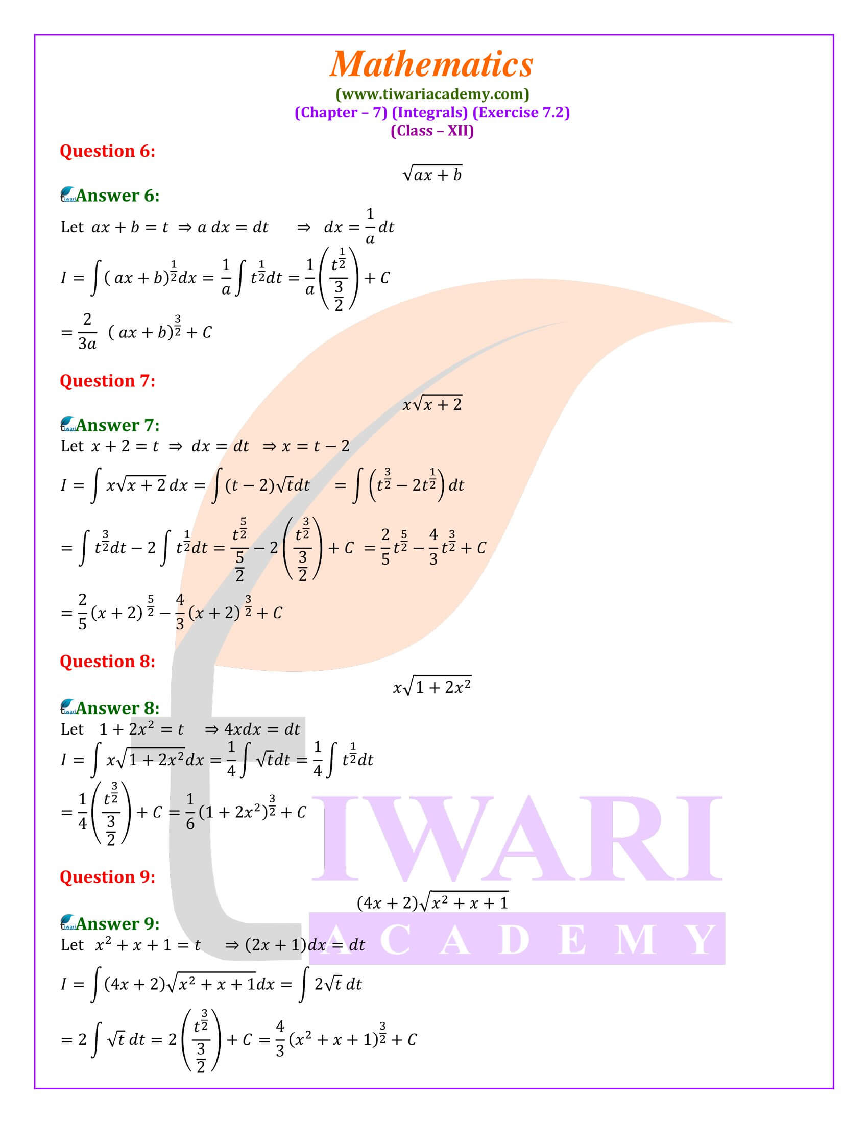 NCERT Solutions for Class 12 Maths Exercise 7.2