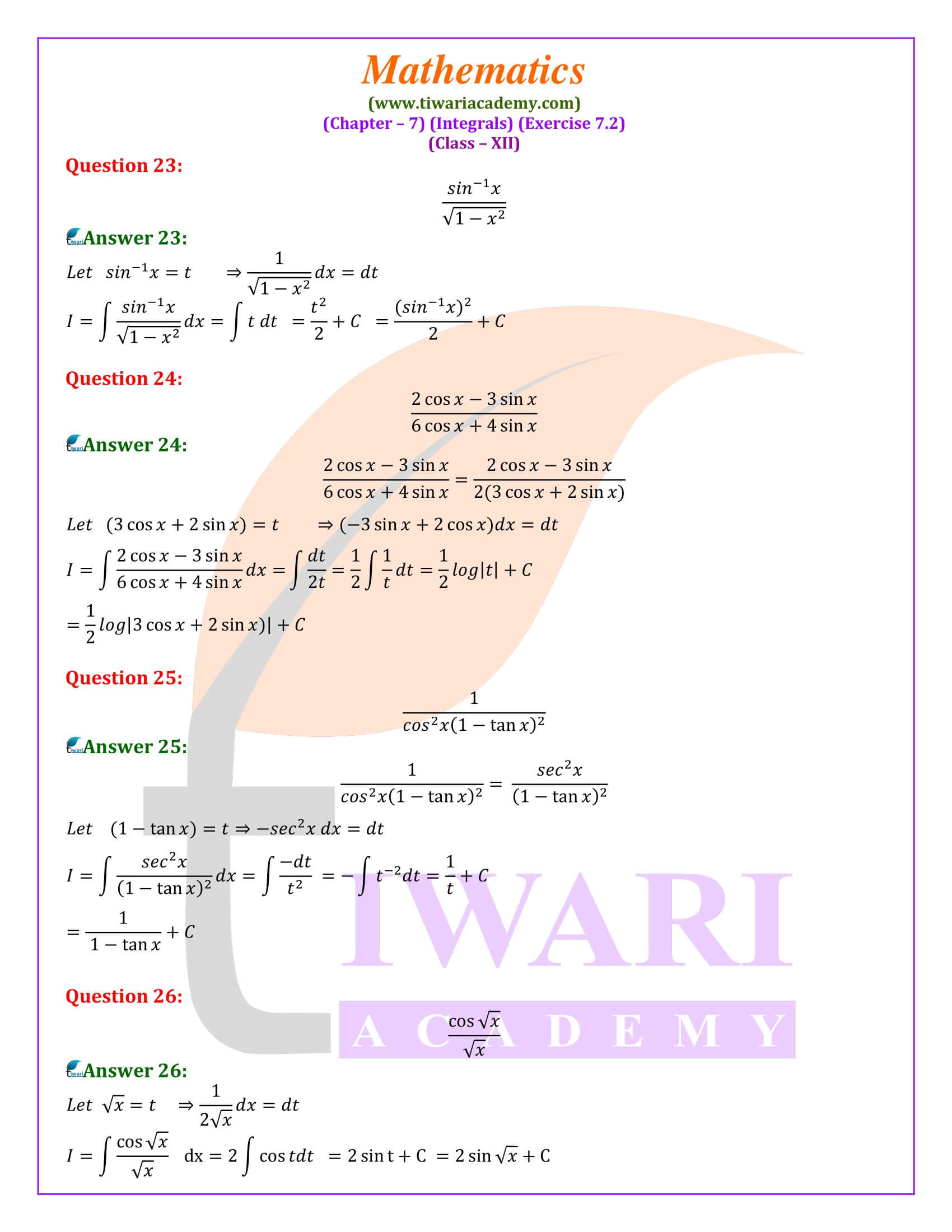 Class 12th Mathematics 7.2 solutions