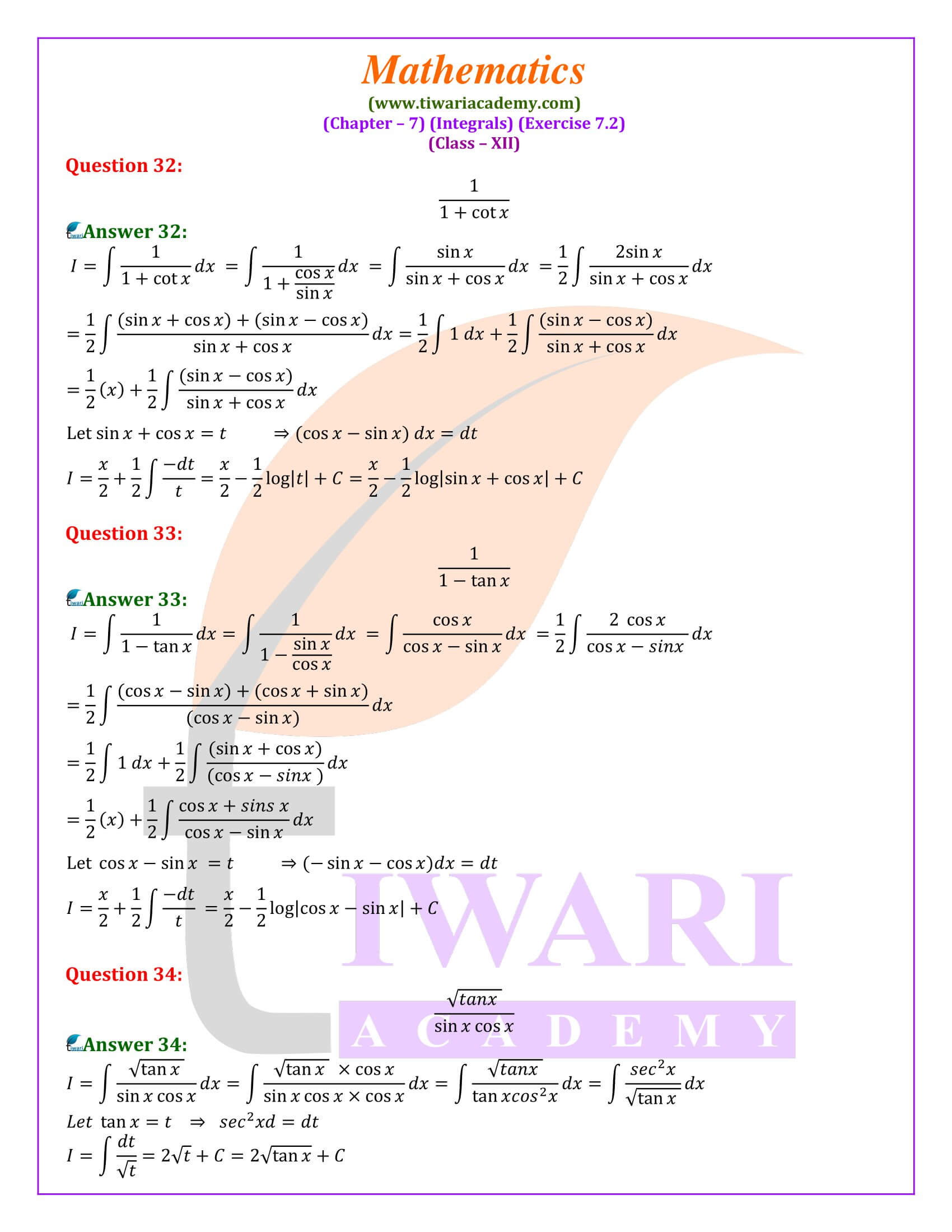 Class 12 Maths Exercise 7.2 updated for new session