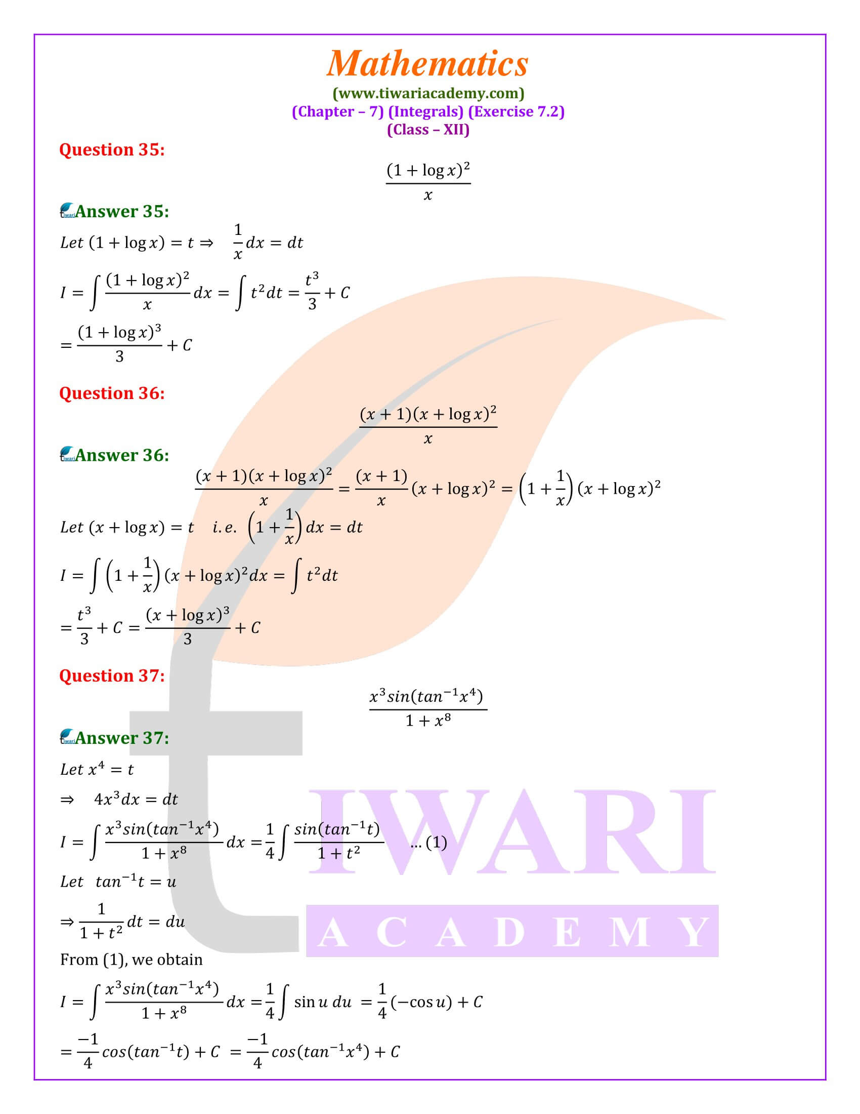 Class 12 Maths Exercise 7.2 in English free