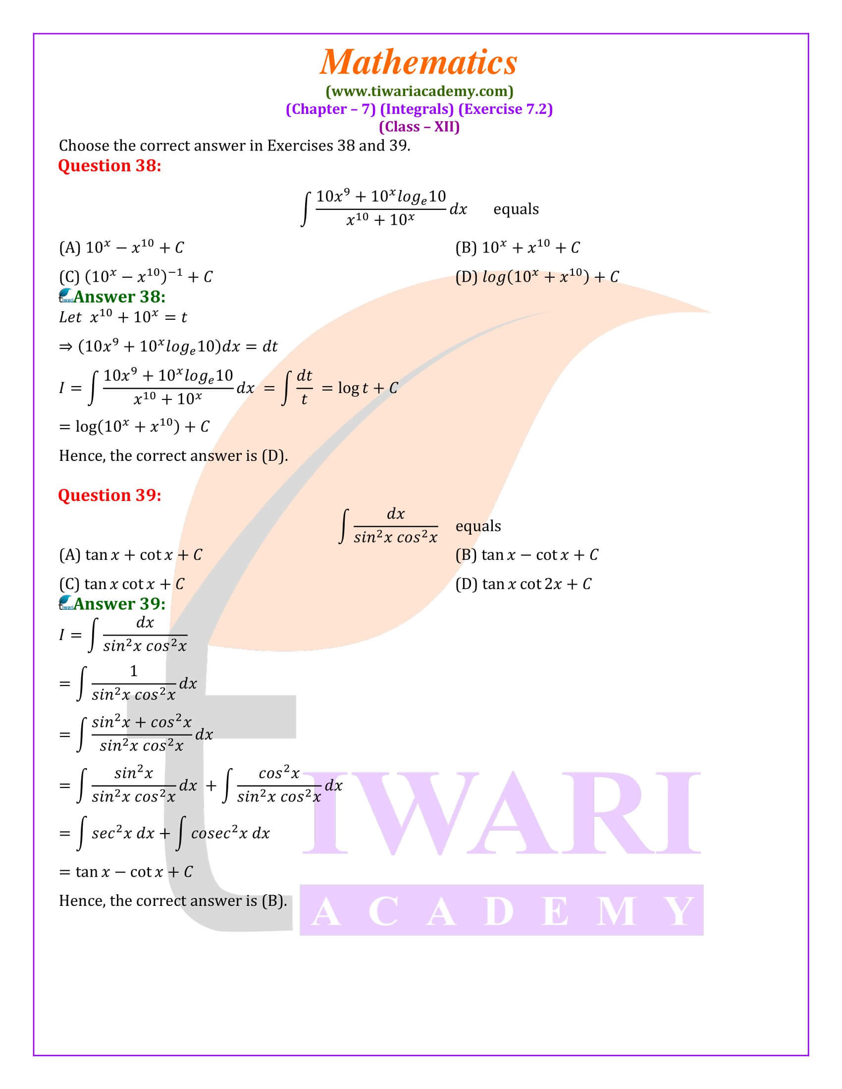 Class 12 Maths Exercise 7.2 question answers guide