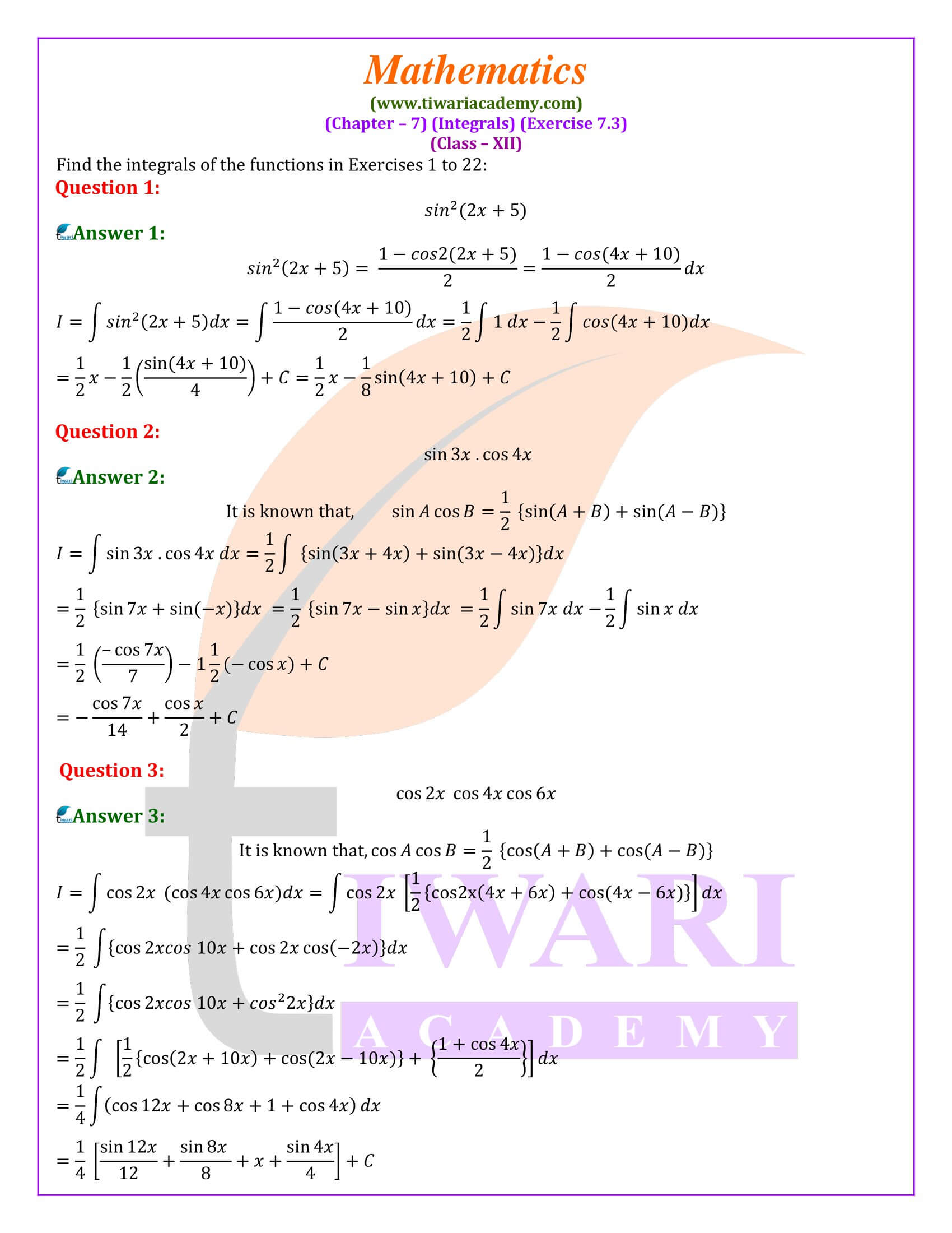 Class 12 Maths Exercise 7.3