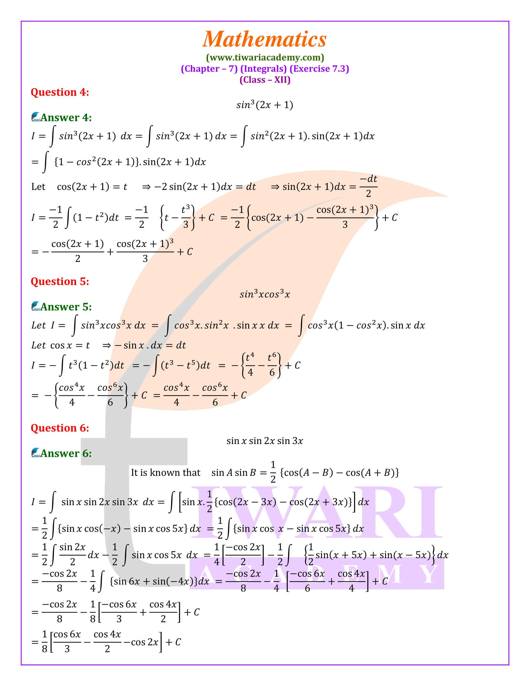 Class 12 Maths Exercise 7.3 in English Medium