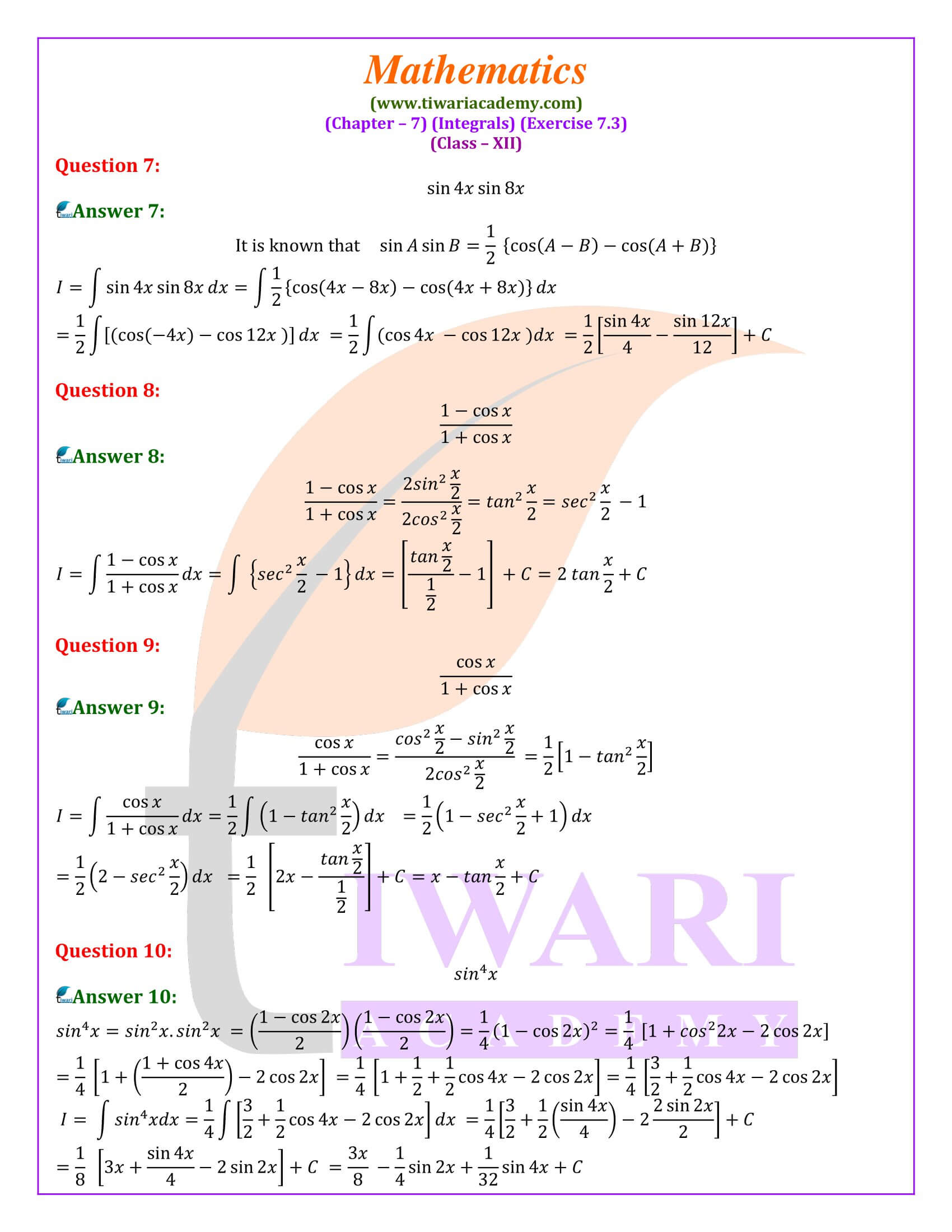 NCERT Solutions for Class 12 Maths Exercise 7.3