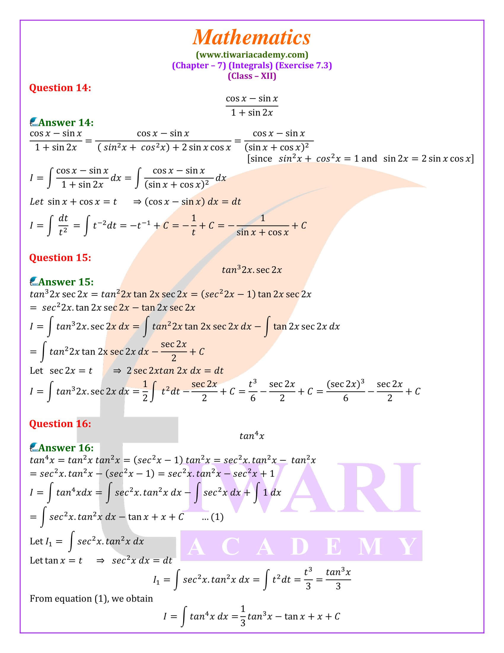 Class 12 Maths Exercise 7.3 revised syllabus