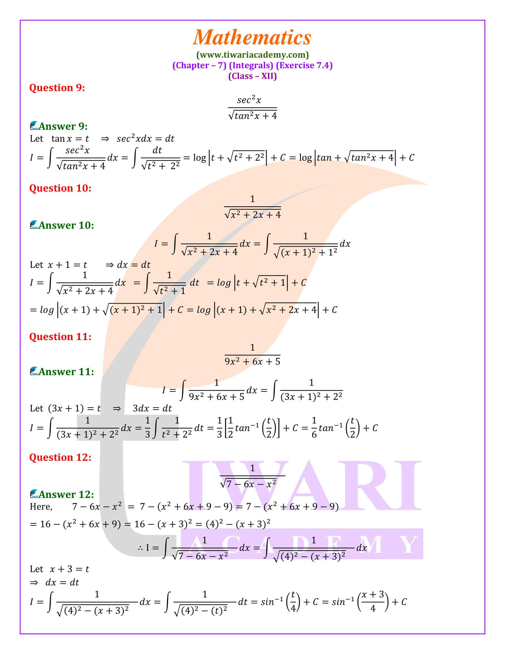 NCERT Solutions for Class 12 Maths Exercise 7.4