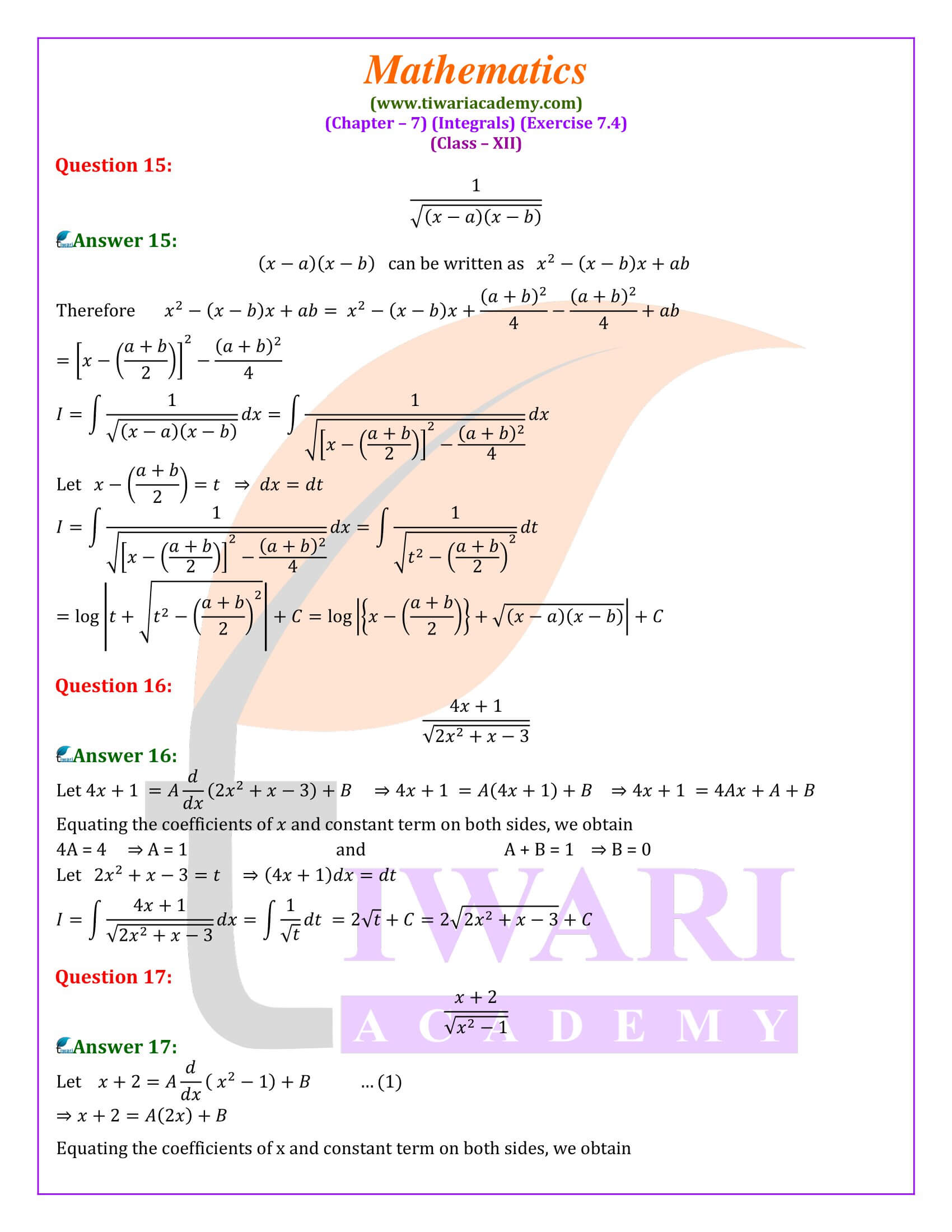 Class 12 Maths Exercise 7.4 in English Medium
