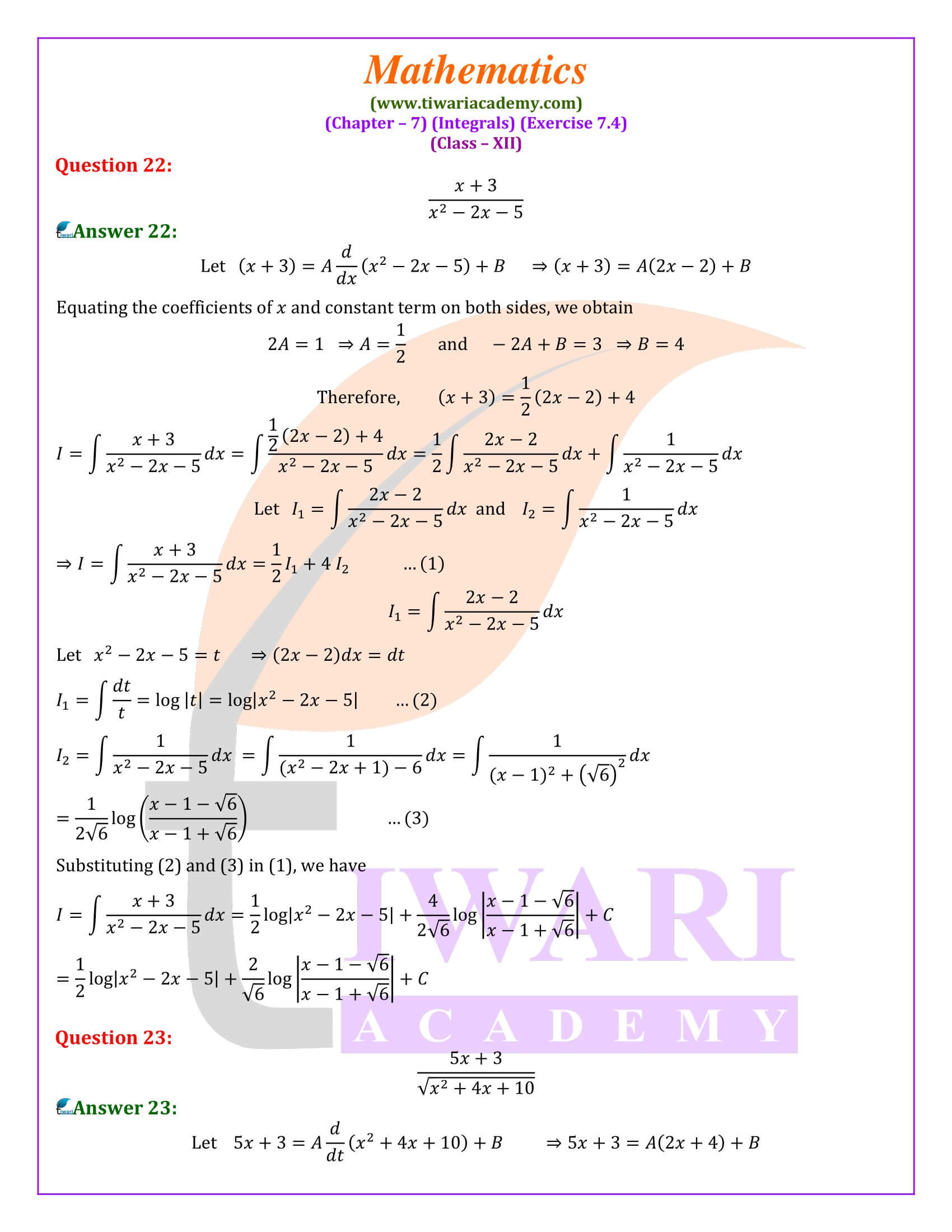 Questioin Answers of 12th Maths Ex. 7.4 new syllabus