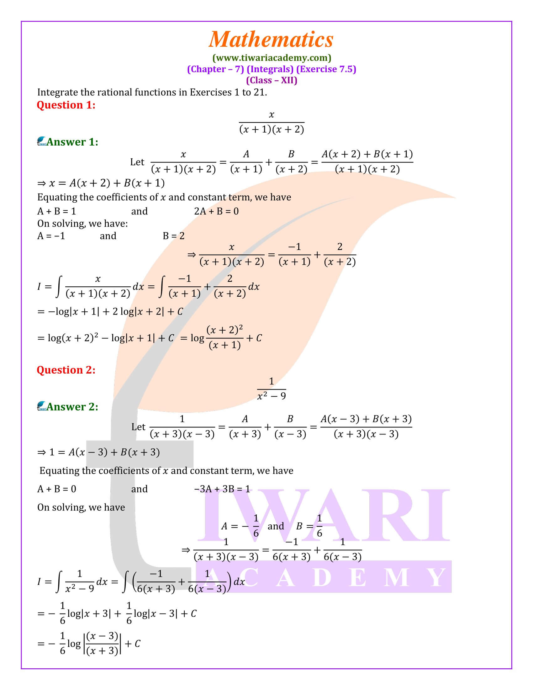 Class 12 Maths Exercise 7.5