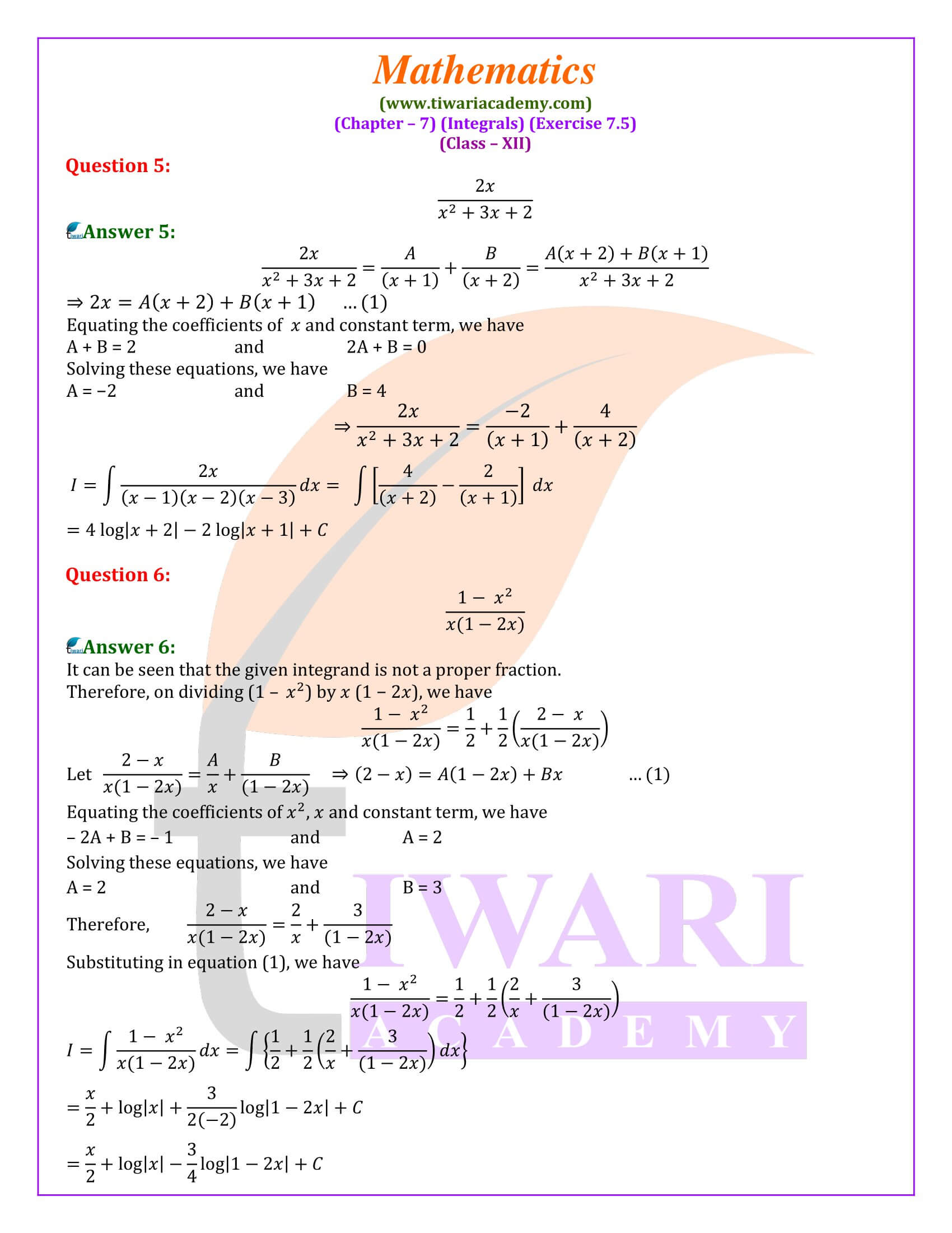 NCERT Class 12 Maths Exercise 7.5 Solution