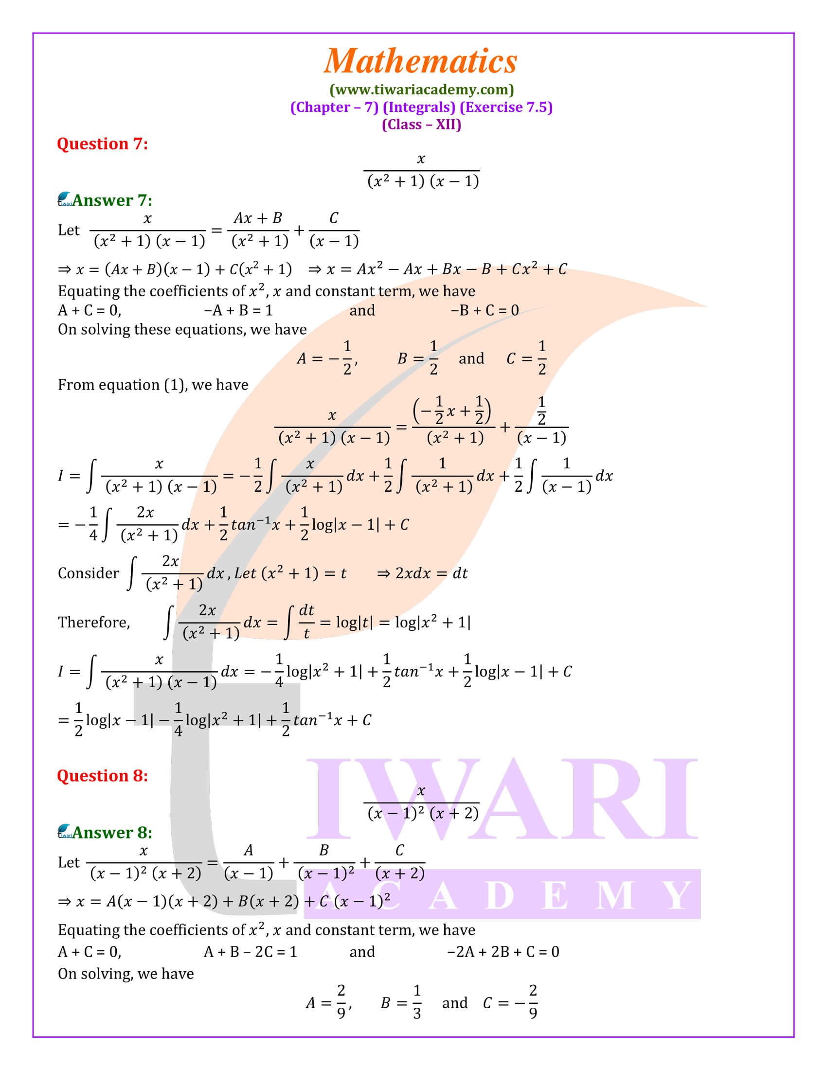 CBSE Class 12 Maths Exercise 7.5 Answers