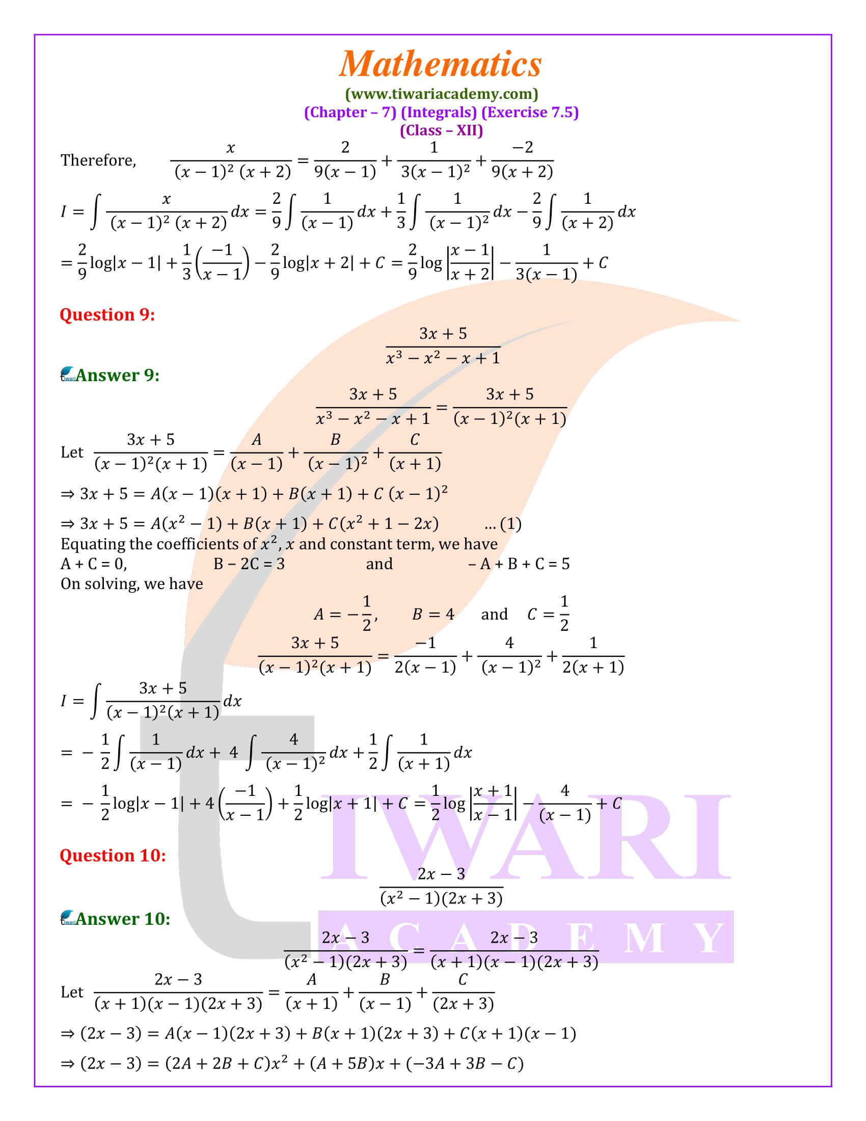 Class 12 Maths Exercise 7.5 solution in English Medium