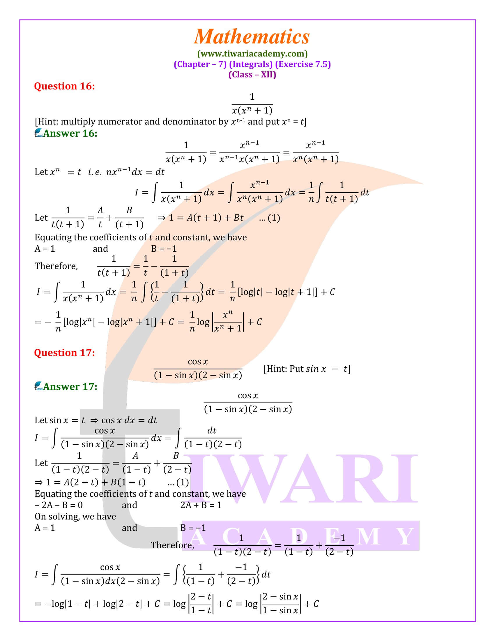 12th Mahs ex. 7.5 question answer guide