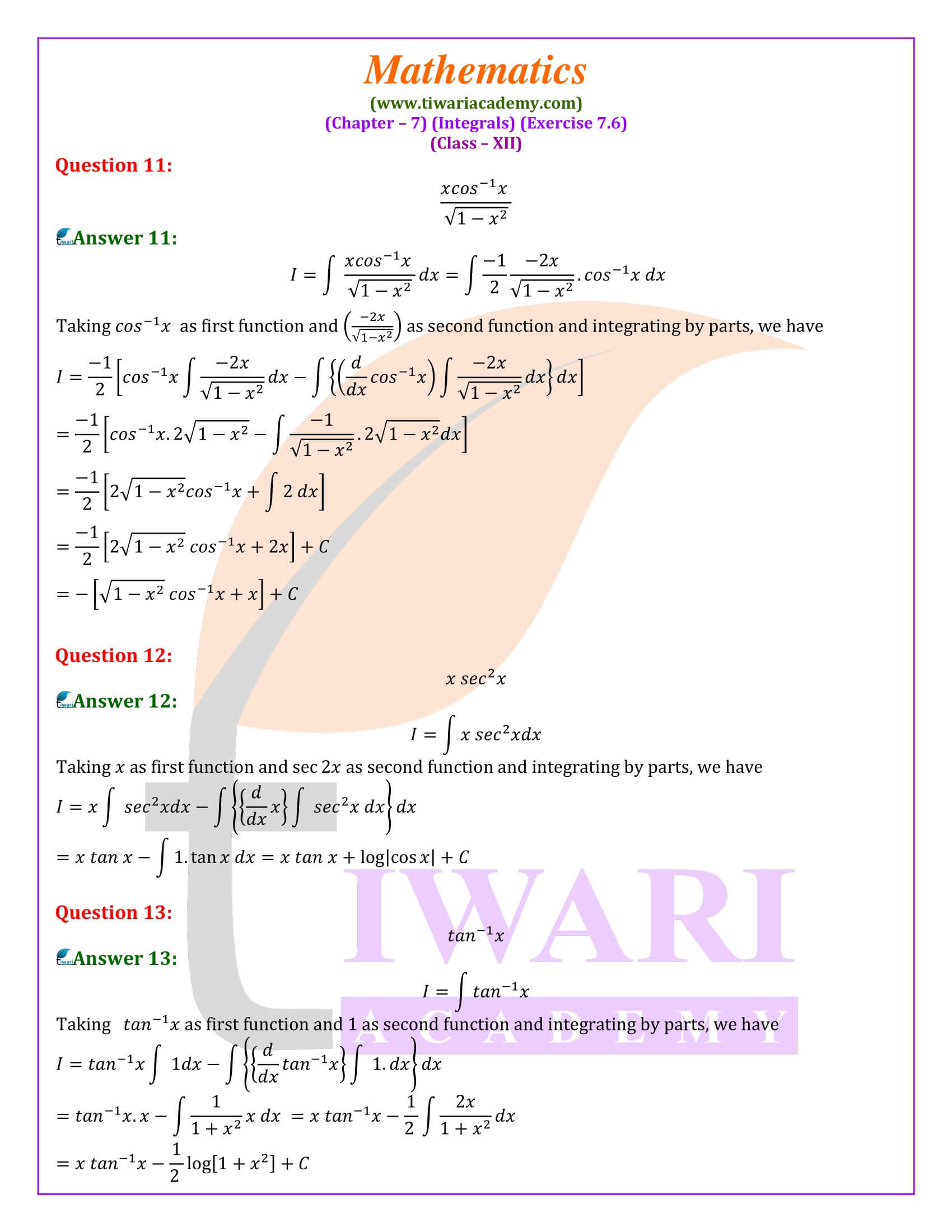 Class 12 Maths Exercise 7.6 guide in English Medium