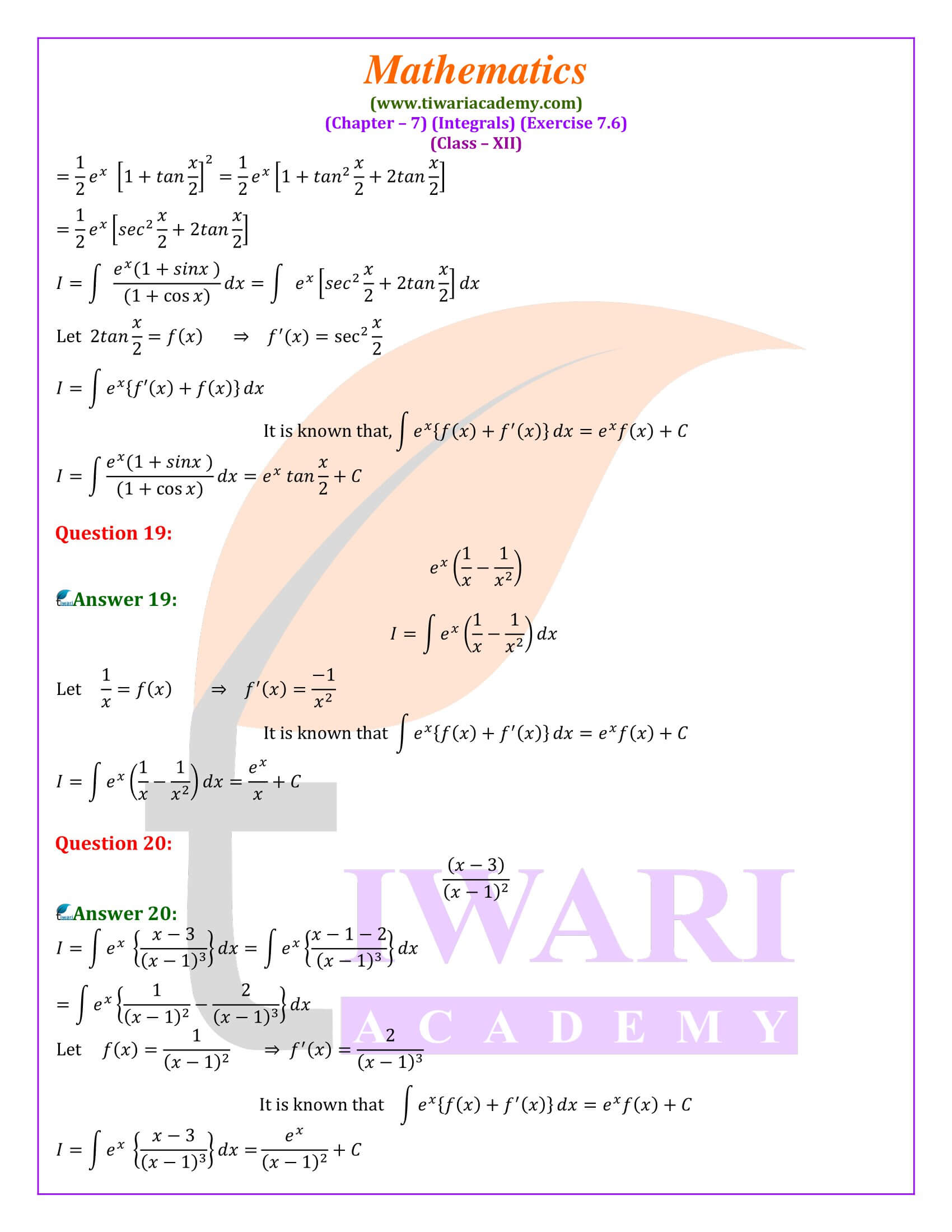 Guide solutions for 12th Maths Ex. 7.6