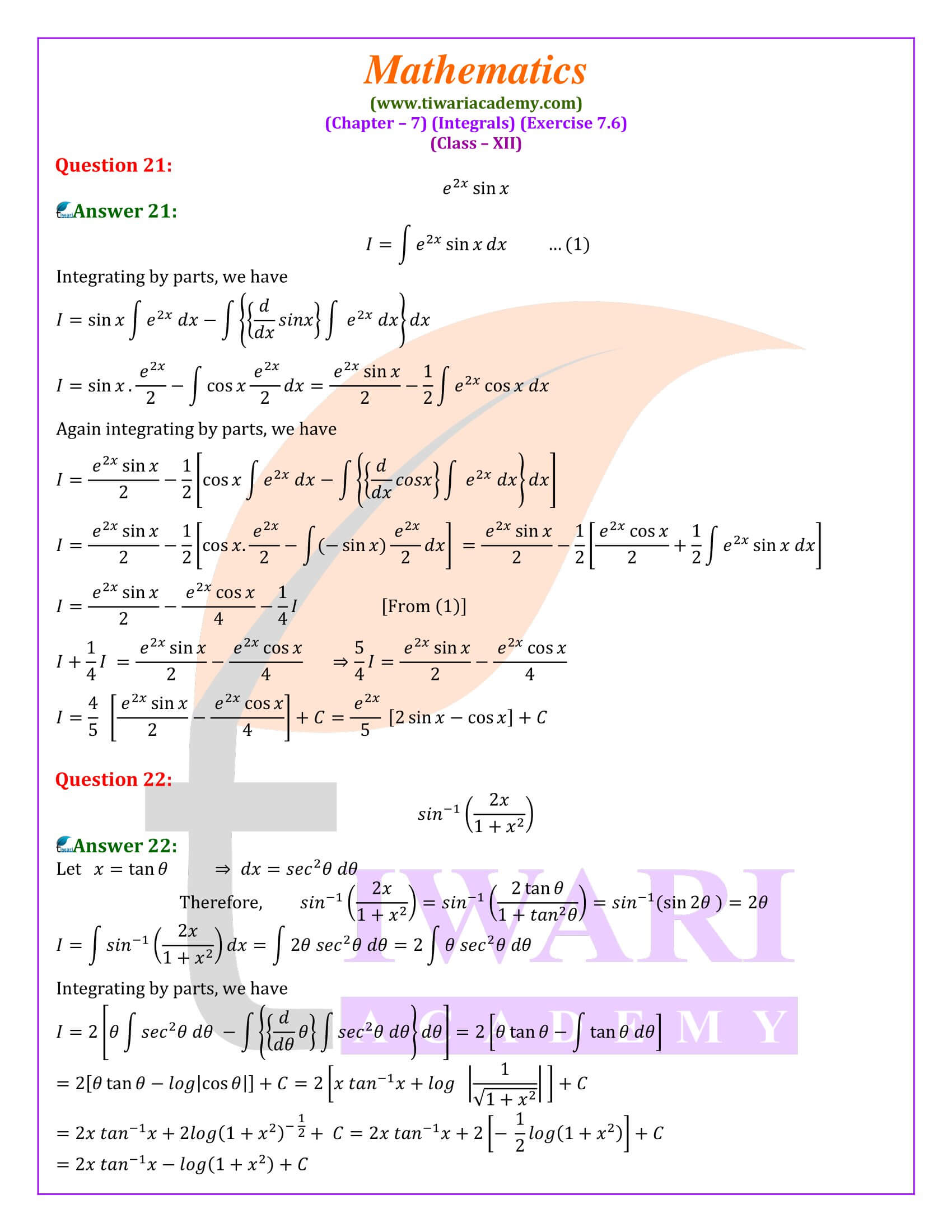 English Medium solutions of 12th Maths Ex. 7.6