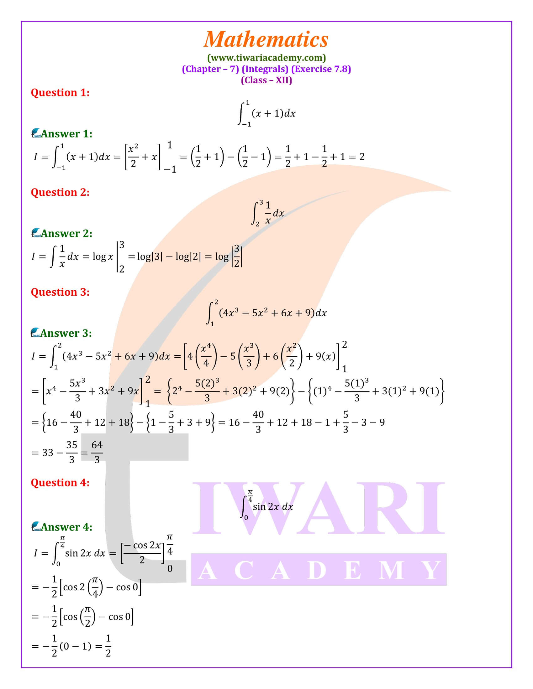 Class 12 Maths Exercise 7.8 solutions