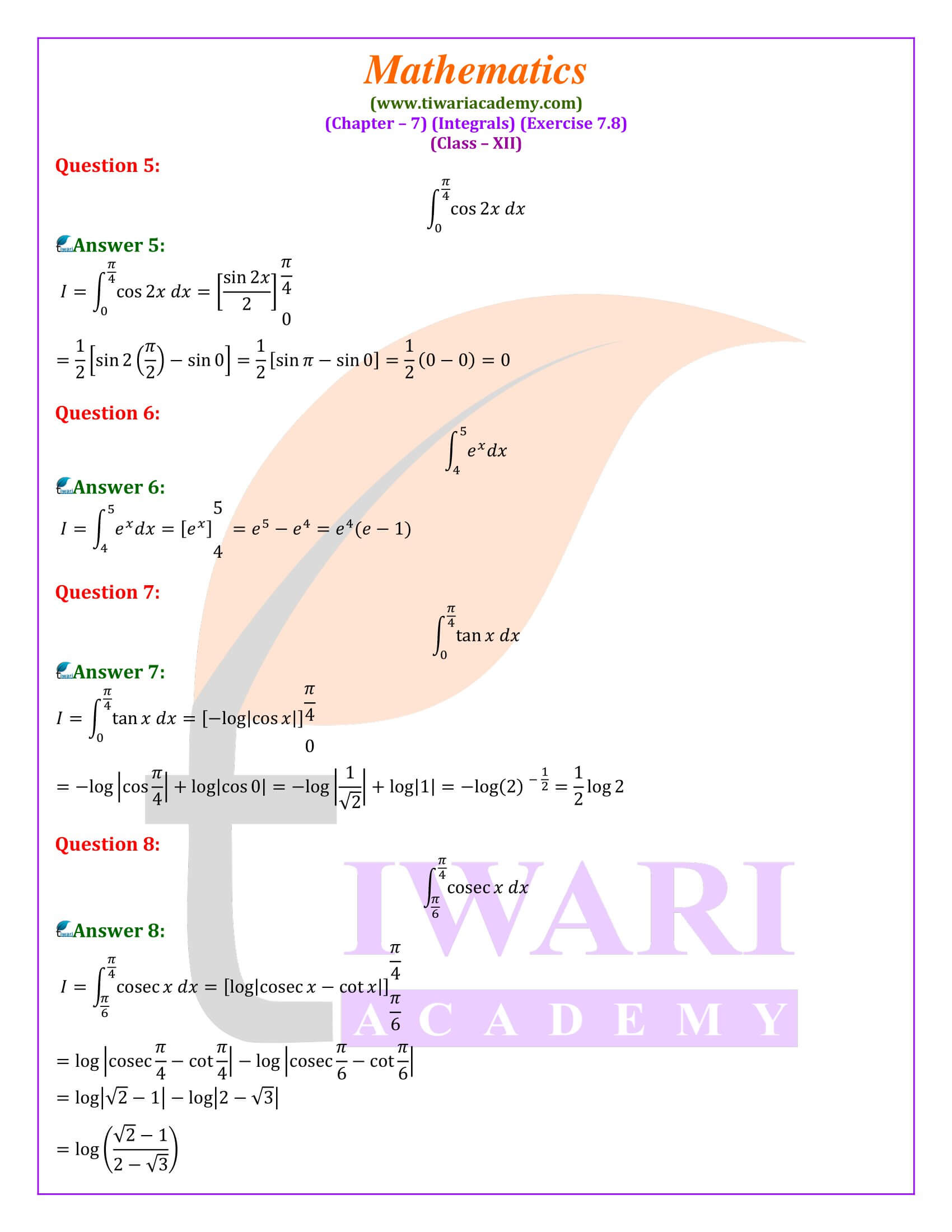 NCERT Solutions for Class 12 Maths Exercise 7.8