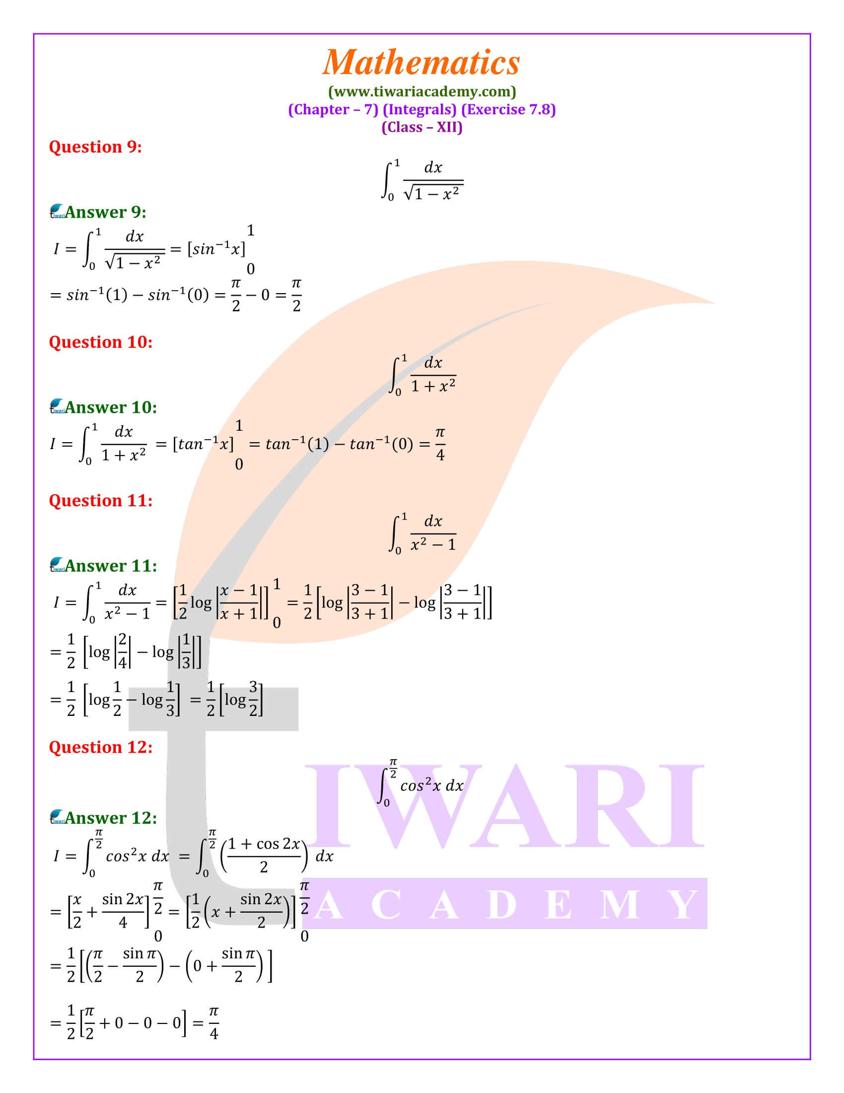 Class 12 Maths Exercise 7.8 solutions in english Medium