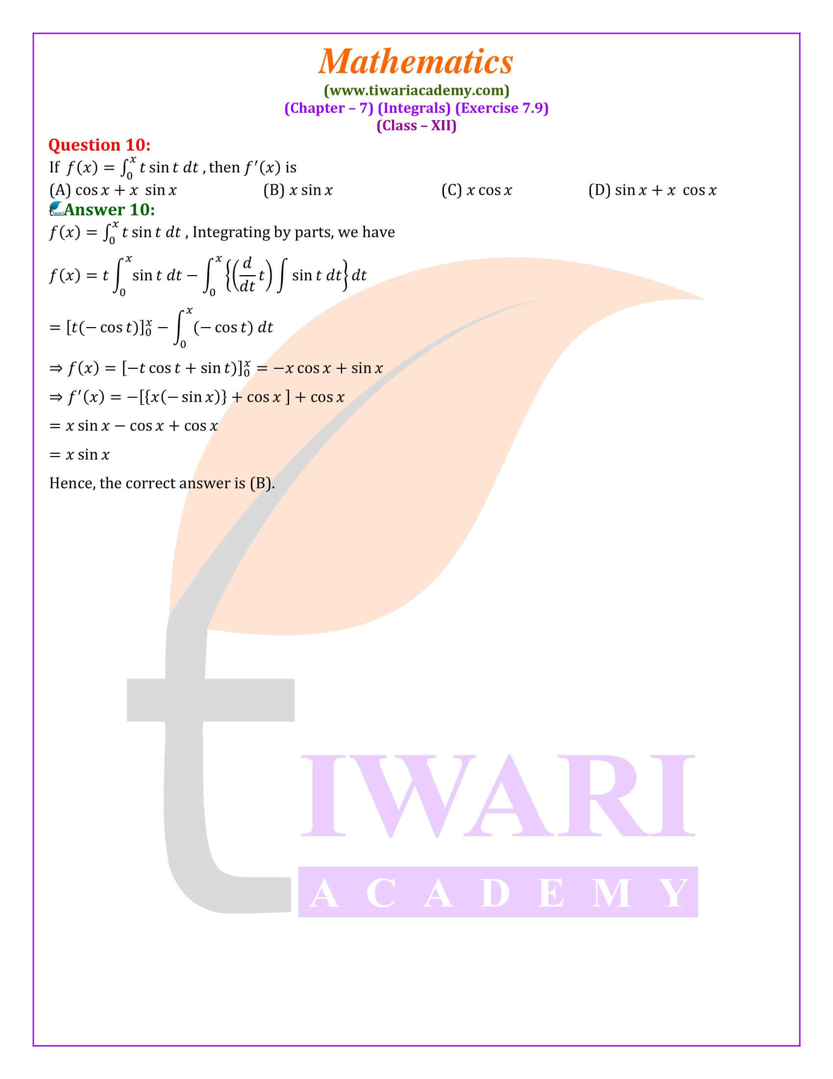 Class 12 Maths Exercise 7.9 in English Medium