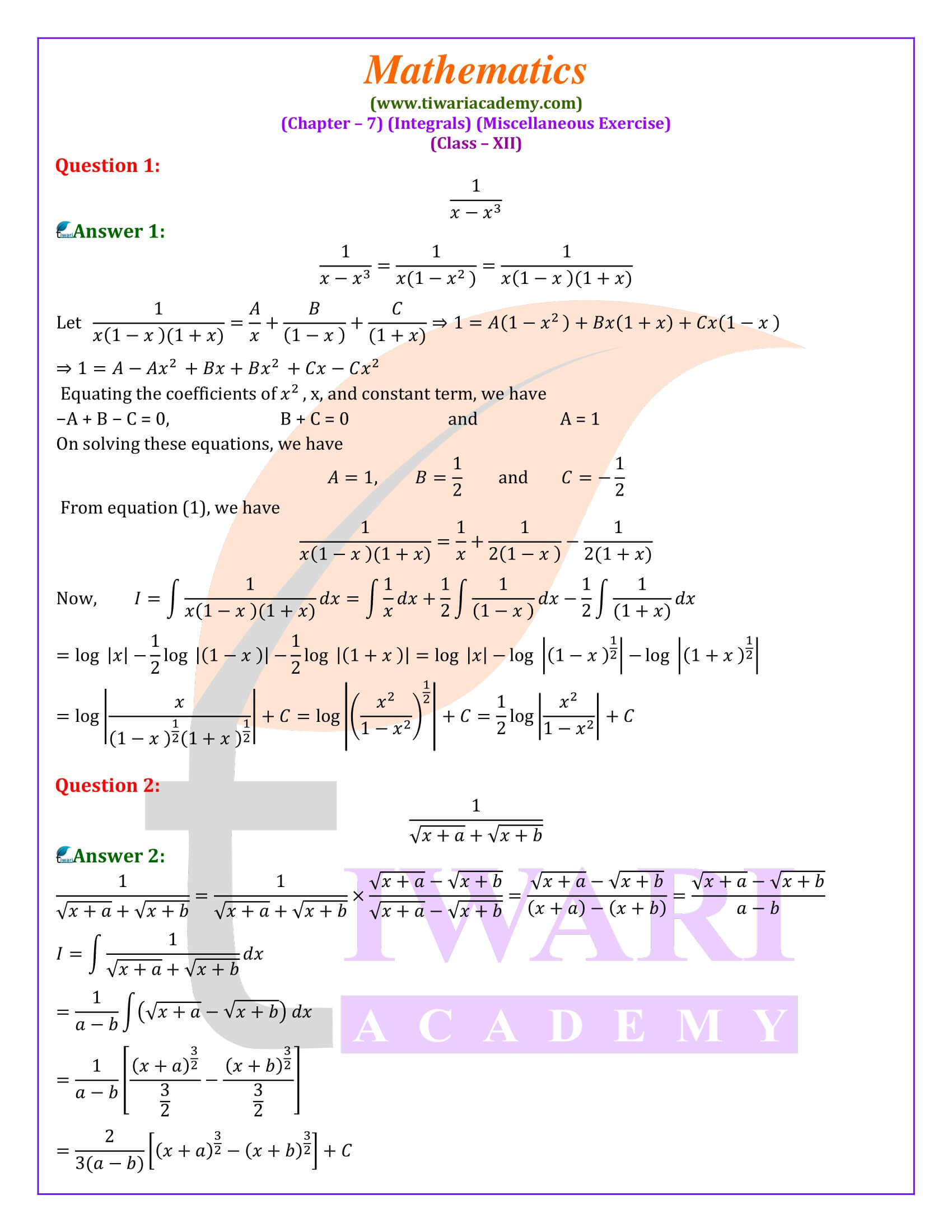 NCERT Solutions for Class 12 Maths Chapter 7 Miscellaneous Exercise Integrals