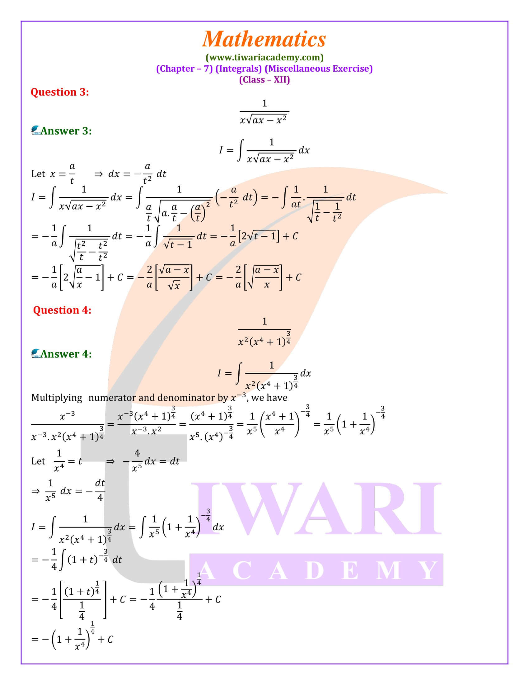 Class 12 Maths Chapter 7 Miscellaneous Exercise Integrals