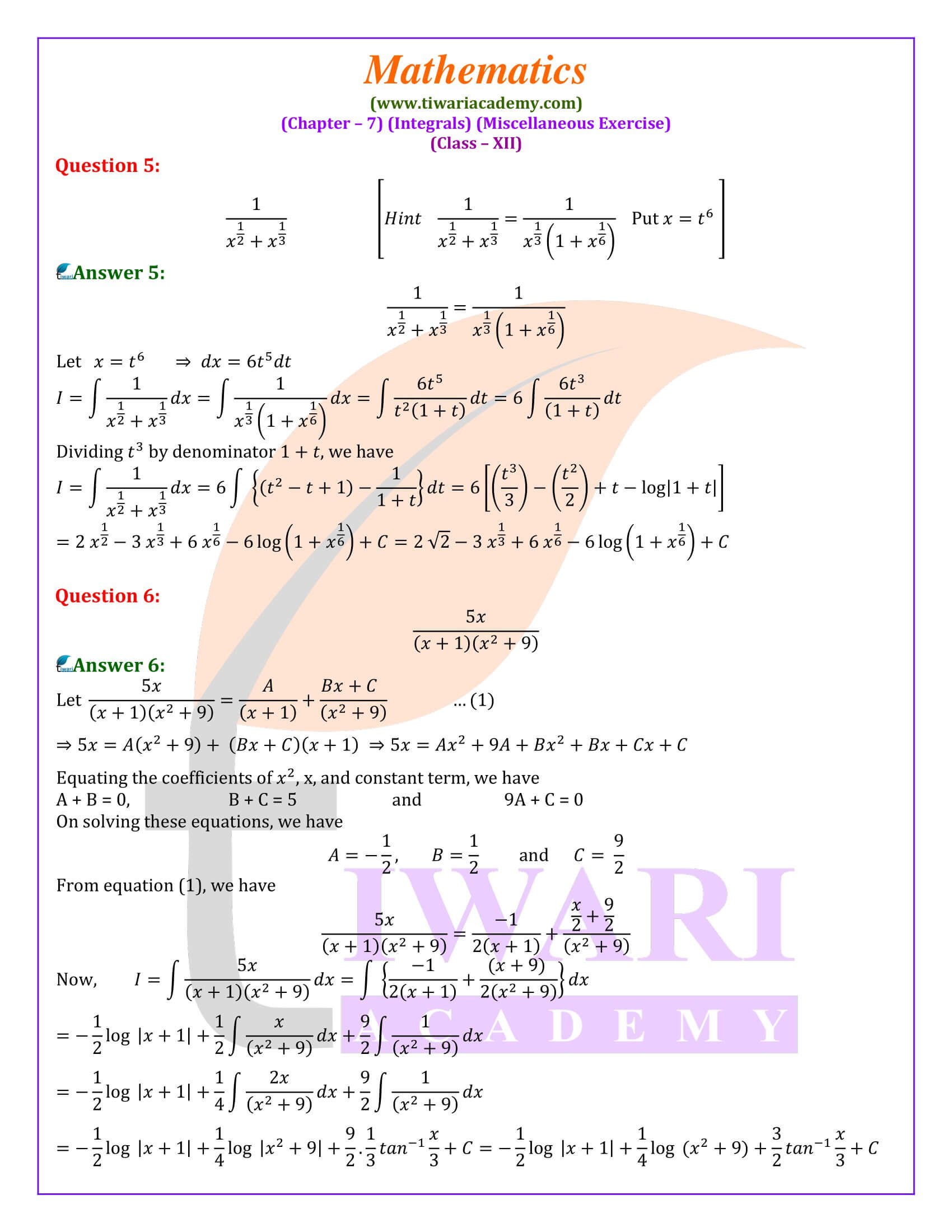 NCERT Solutions for Class 12 Maths Chapter 7 Miscellaneous Exercise