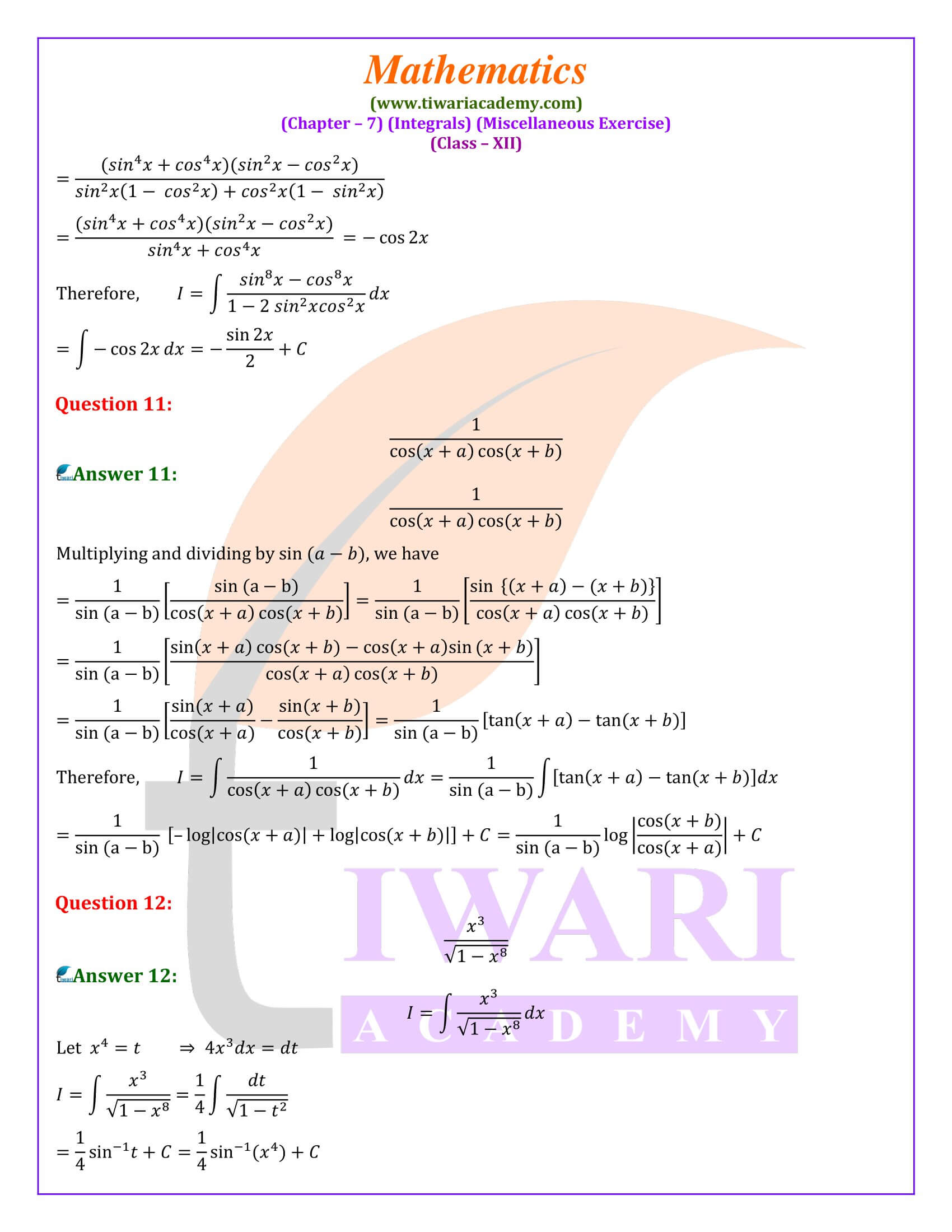 NCERT Solutions for Class 12 Maths Chapter 7 Misc. Exercise