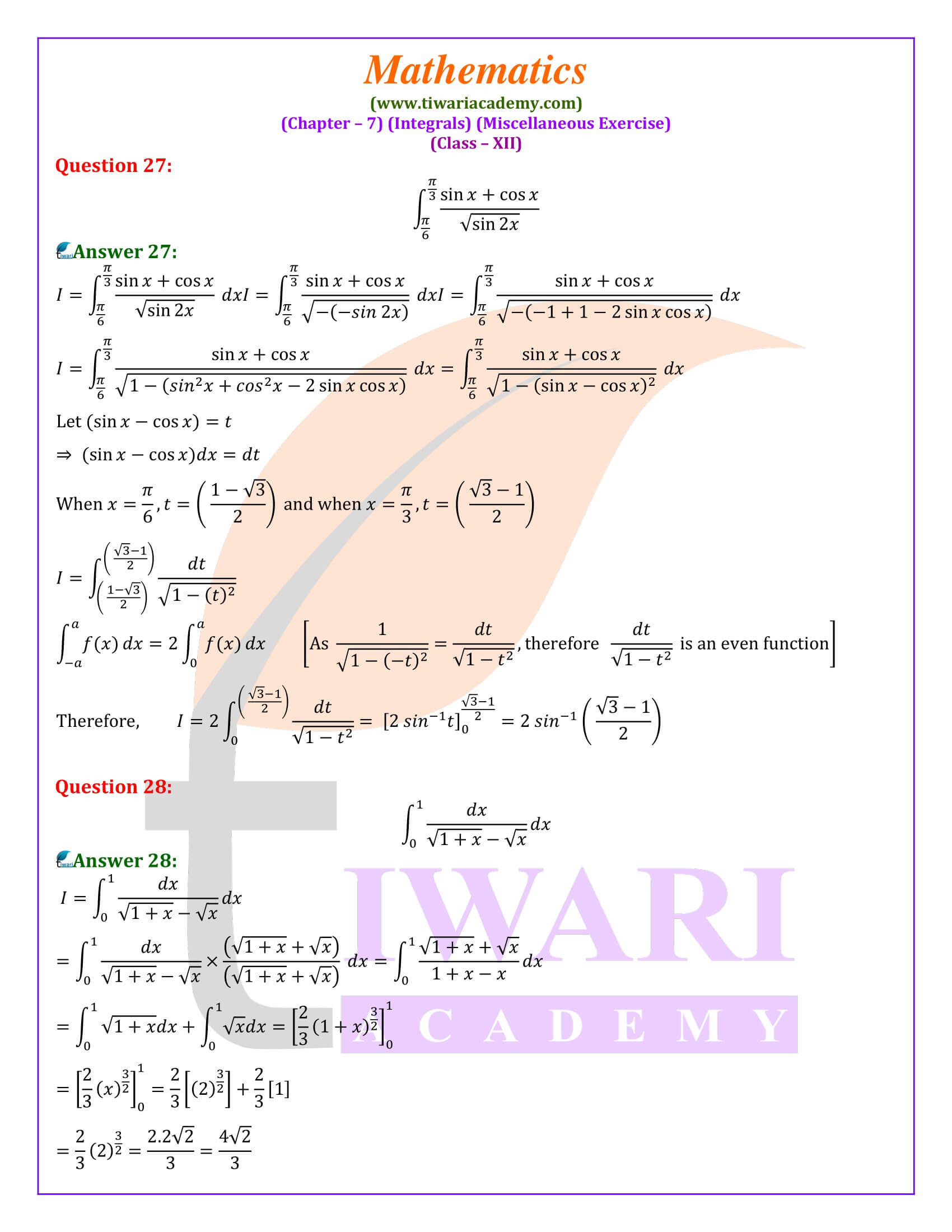 Solutions of 12th Maths ex. 7 misc.