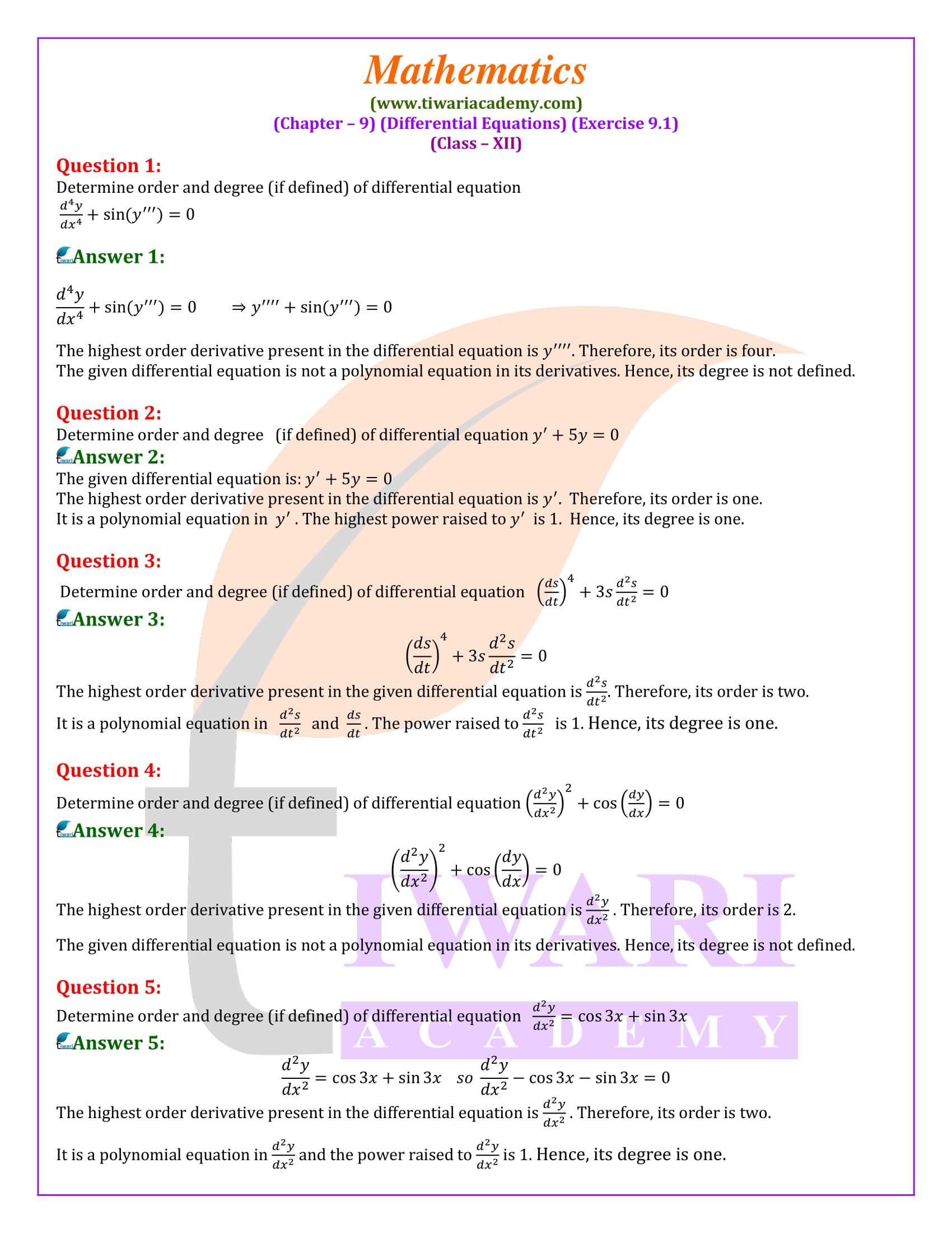 Class 12 Maths Exercise 9.1 in English Medium