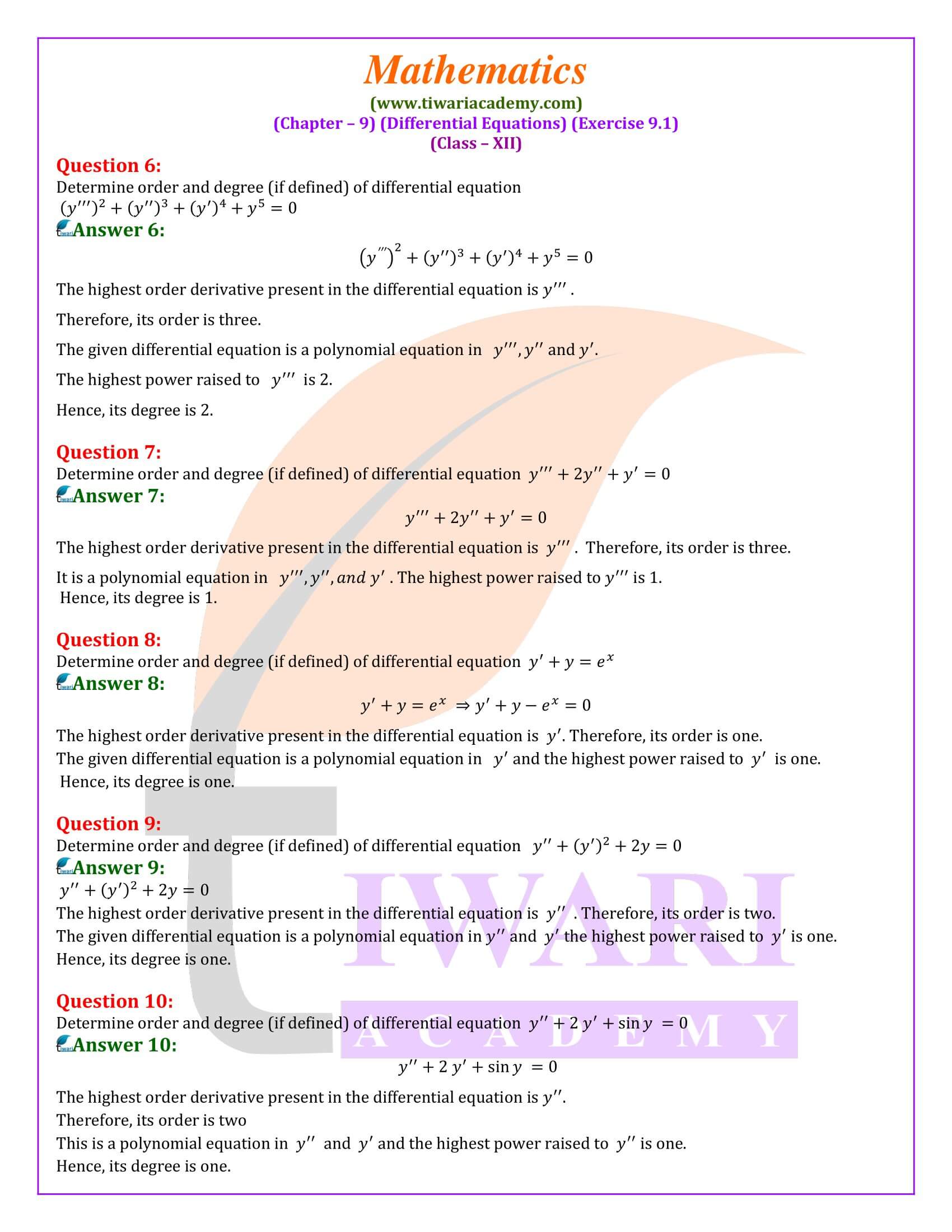 NCERT Solutions for Class 12 Maths Exercise 9.1